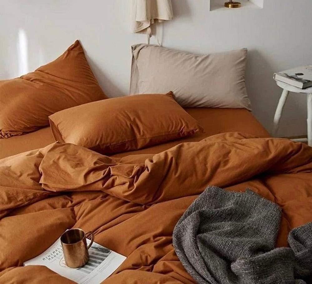 Generic Generic Burnt Orange Cotton Duvet Cover Duvet Cover with Button Washed Cotton Burnt Orange Duvet Cover Pillow Shame Burnt Orange Bedding Set (California King)