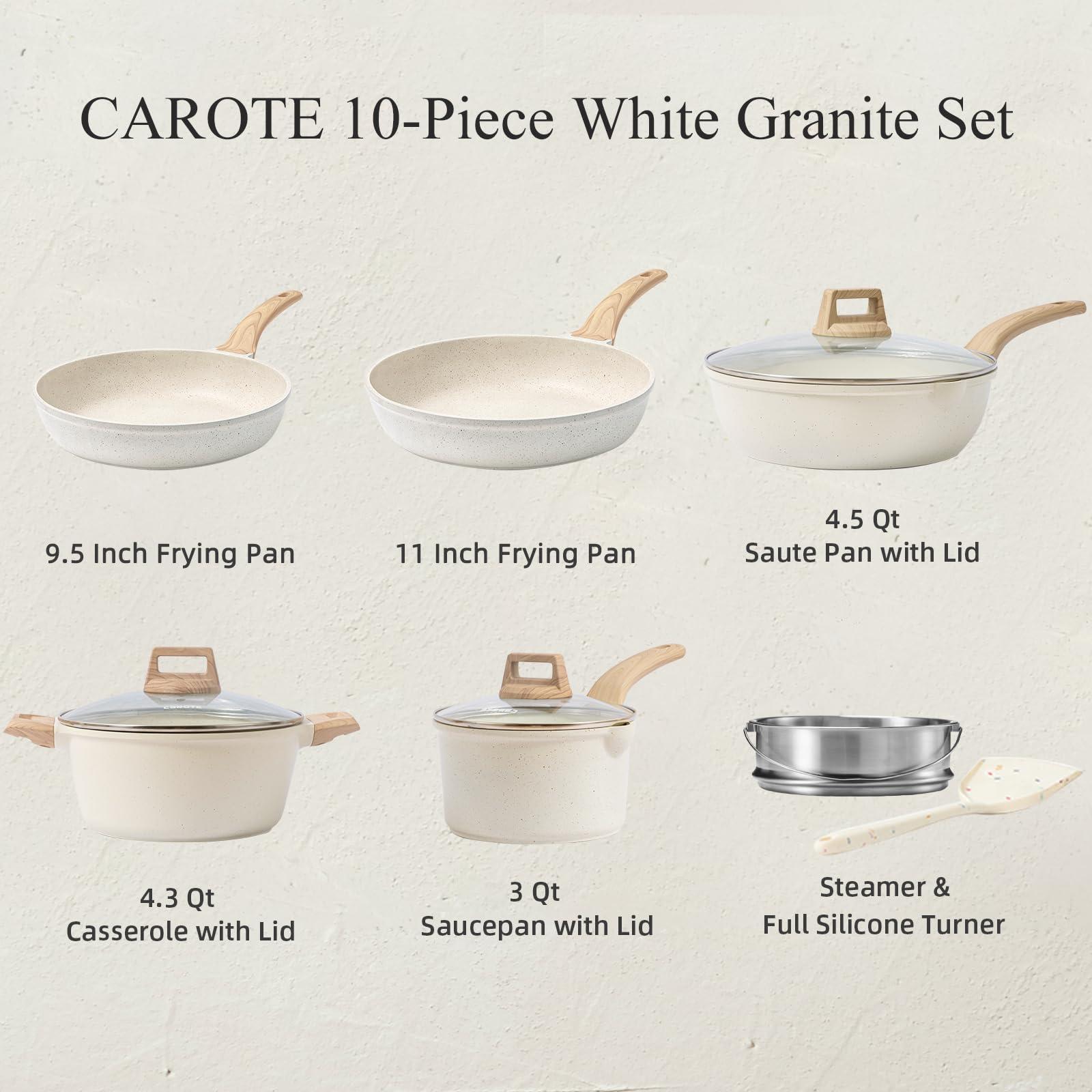 CAROTE CAROTE Pots and Pans Set Nonstick, White Granite Induction Kitchen Cookware Set, 10 Pcs Non Stick Cooking Set w/Frying Pans & Saucepans(PFOS, PFOA Free)