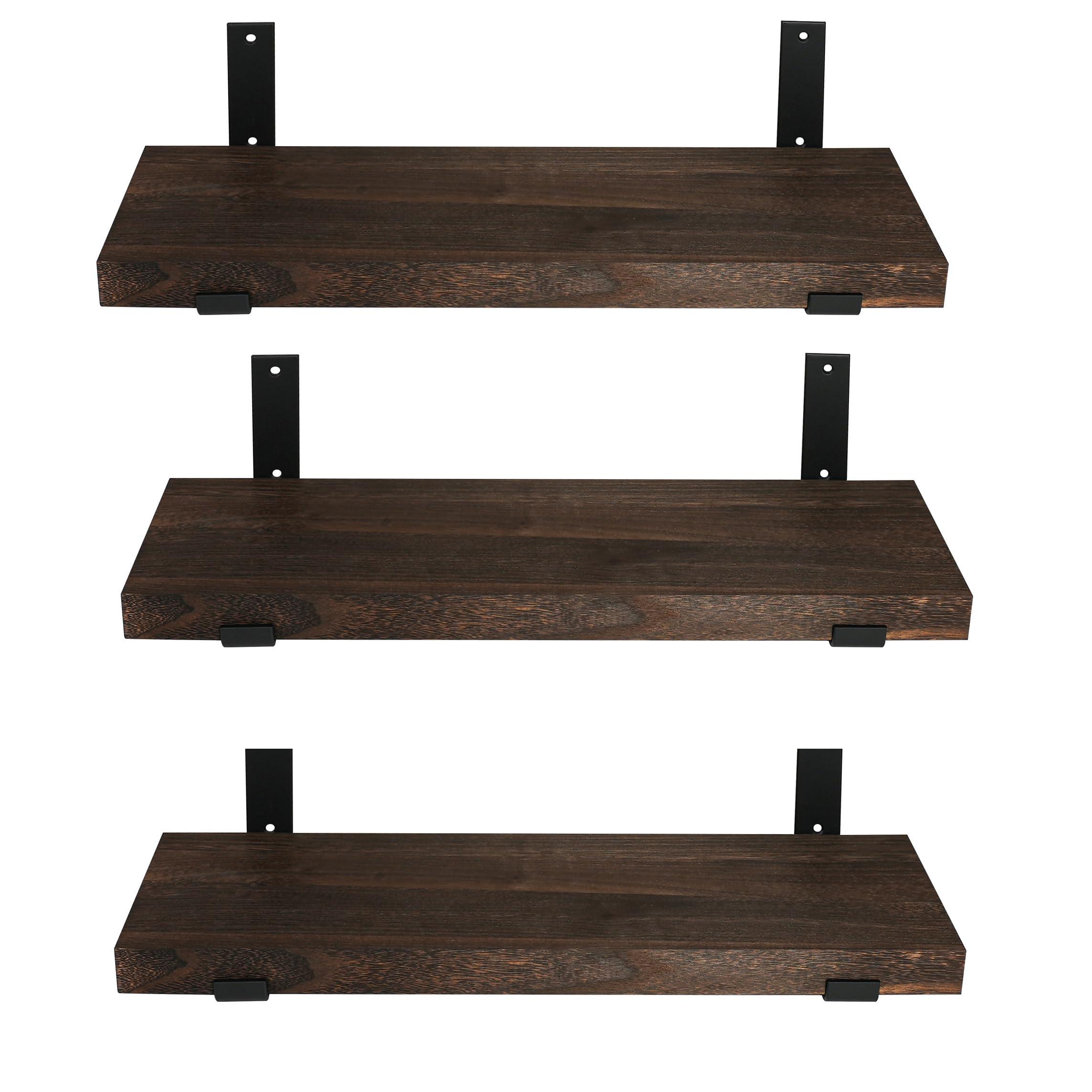 CONSDAN CONSDAN StoneCreek Floating Shelves, Solid Paulownia Wood, Burnt Wood Light Weight, Wall Shelves for Bedroom, Bathroom, Living Room, Kitchen,36x7.5x1.5 in,Set of 3