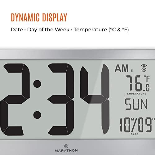 MARATHON Marathon Slim Jumbo Panoramic Atomic Wall Clock with Date and Indoor Temperature. Commercial Grade with Big 6-Inch Numbers, Alarm and Table Stand. Batteries Included (Graphite Grey)