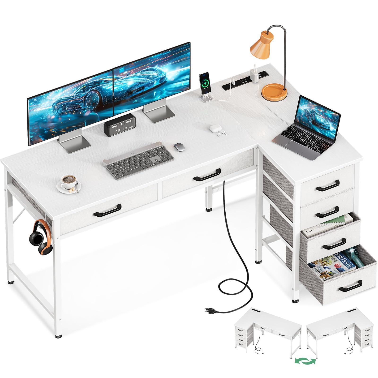 Coleshome Coleshome 50 Inch L Shaped Desk with Drawers, Computer Desk with Power Outlets, Home Office Desk with 6 Drawers, Reversible Corner Desk for Small Space, Study Work Table with Hook, White