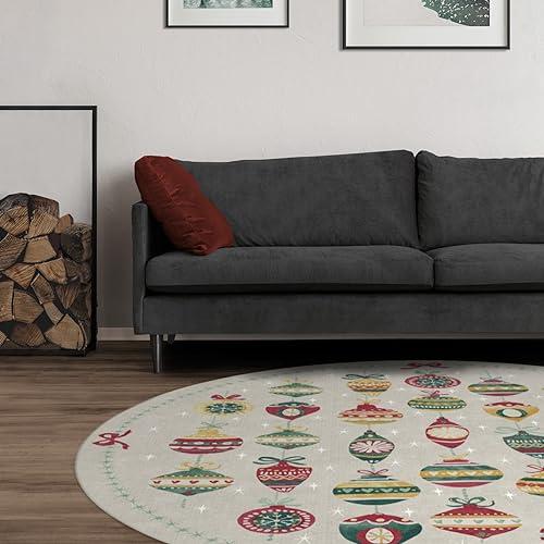 RUGGABLE RUGGABLE Washable 6 ft Round Rug, Festive Garland White, Premium Christmas Rugs for Living Room, Bedroom, Kitchen, Office, Classroom with Gripper Non Slip Pad, Festive Garland White