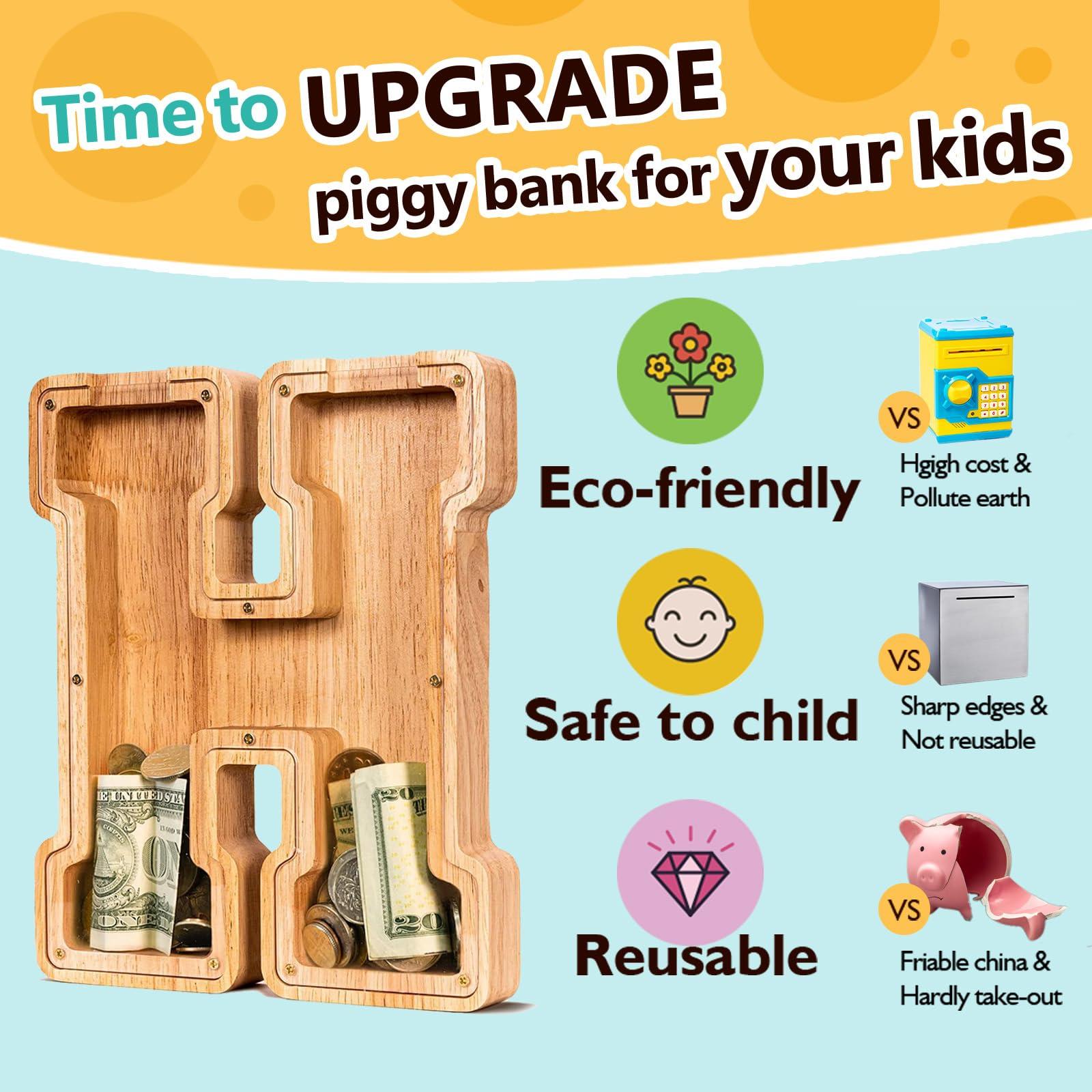 summidate SummiDate Wooden Letter Piggy Bank| Piggy Bank for Boys Girls Toddler| Alphabet H Money Bank| Coin Bank Birthday Gift for Kids|Birthday Gift for Kids (H)