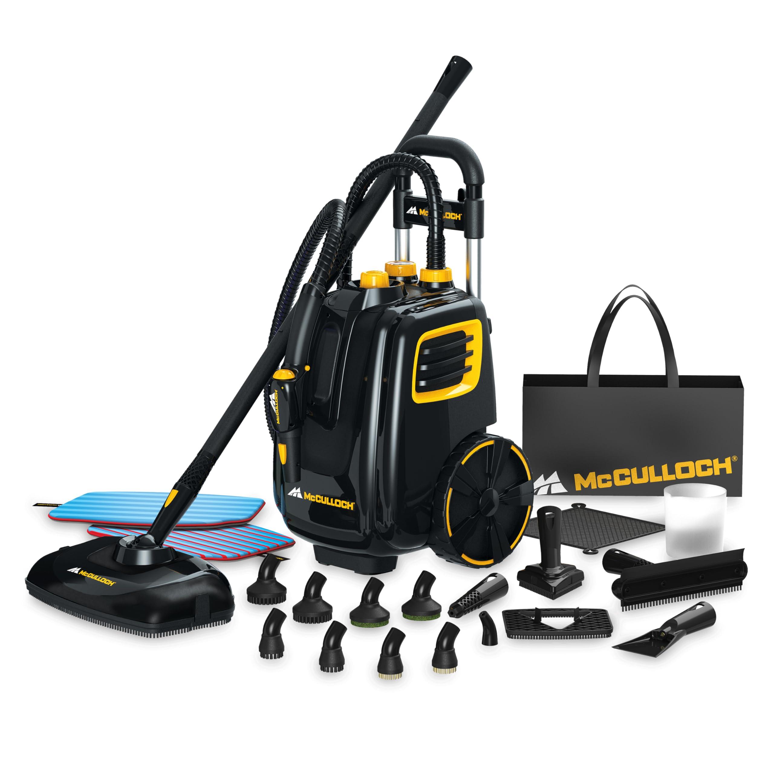 McCULLOCH McCulloch MC1385 Deluxe Canister Steam Cleaner with 23 Accessories, Chemical-Free Pressurized Cleaning for Most Floors, Counters, Appliances, Windows, Autos, and More, 1-(Pack), Black
