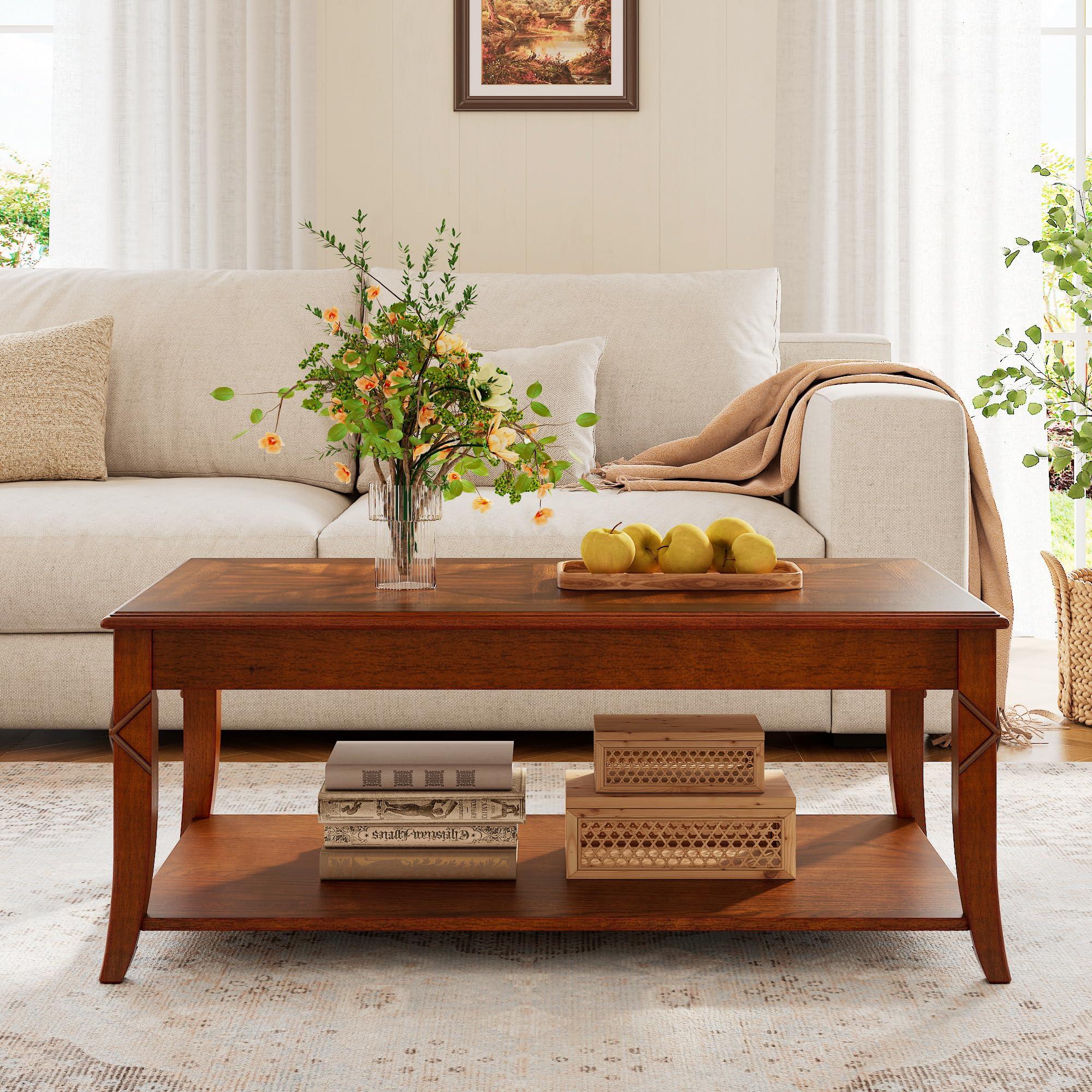 PADMA HOUSE PADMA HOUSE Solid Wood Coffee Table with Shelf, Vintage Rectangle Cocktail Table with Dual Hourglass Tabletop, Apartment Center Sofa Table with Curved Legs for Living Room, 43.3 * 23.6 * 17.7in