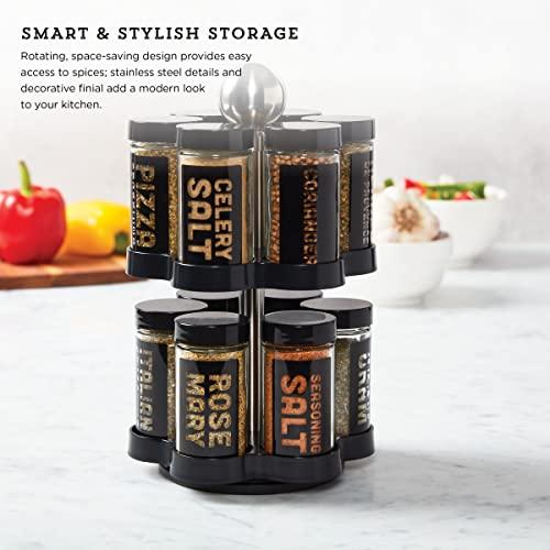 Kamenstein Kamenstein 12 Jar Madison Revolving Countertop Spice Rack with Spices Included, FREE Spice Refills for 5 years, Black Rack with Black Caps