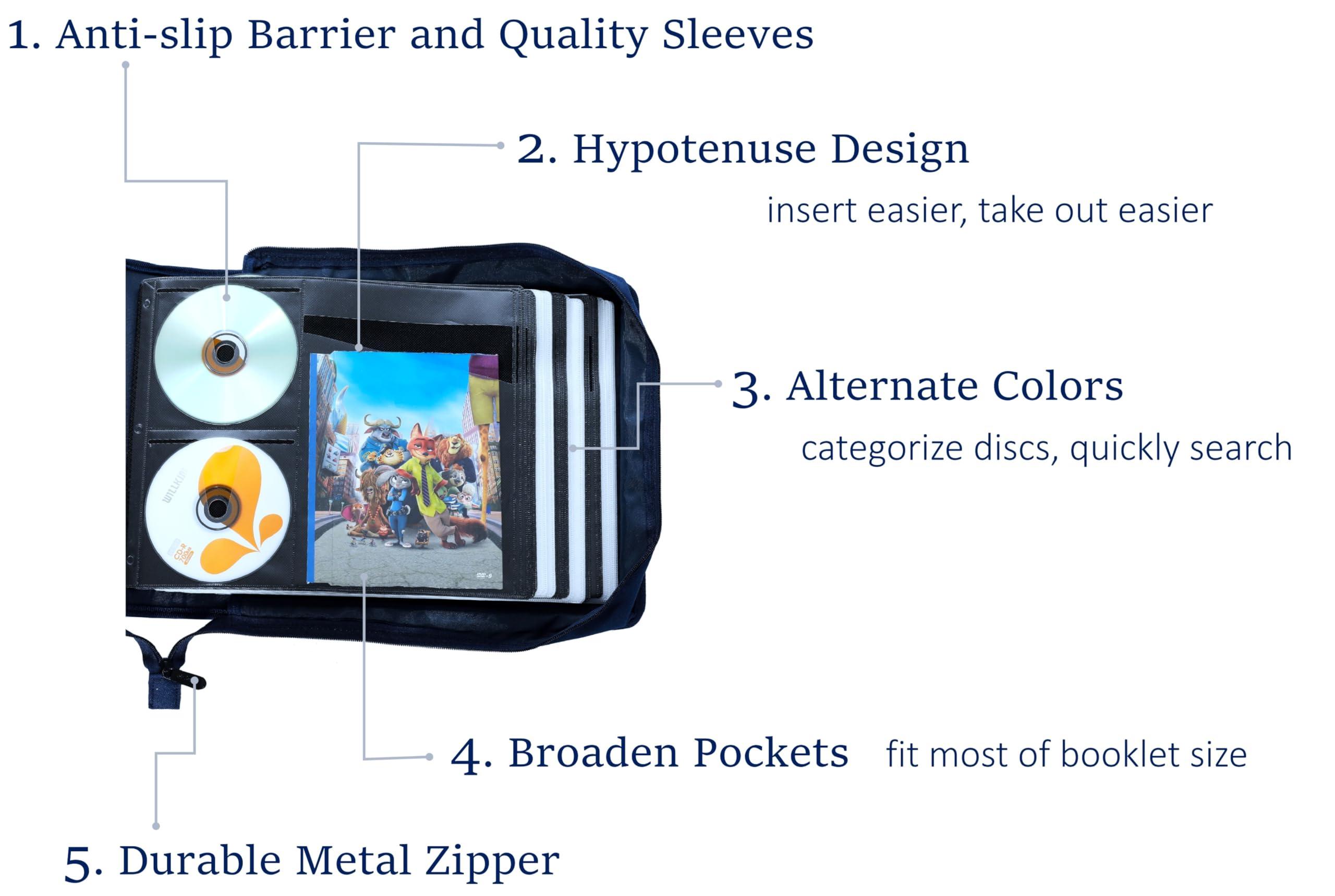 SLattye DVD CD Storage Case with Extra Wide Title Cover Pages for Blu Ray Movie Music Audio Disk (Portable Carrying Binder Holder Wallet Album Home Organizer Shelf)- 192 Disc Units & 96 Booklet Pockets