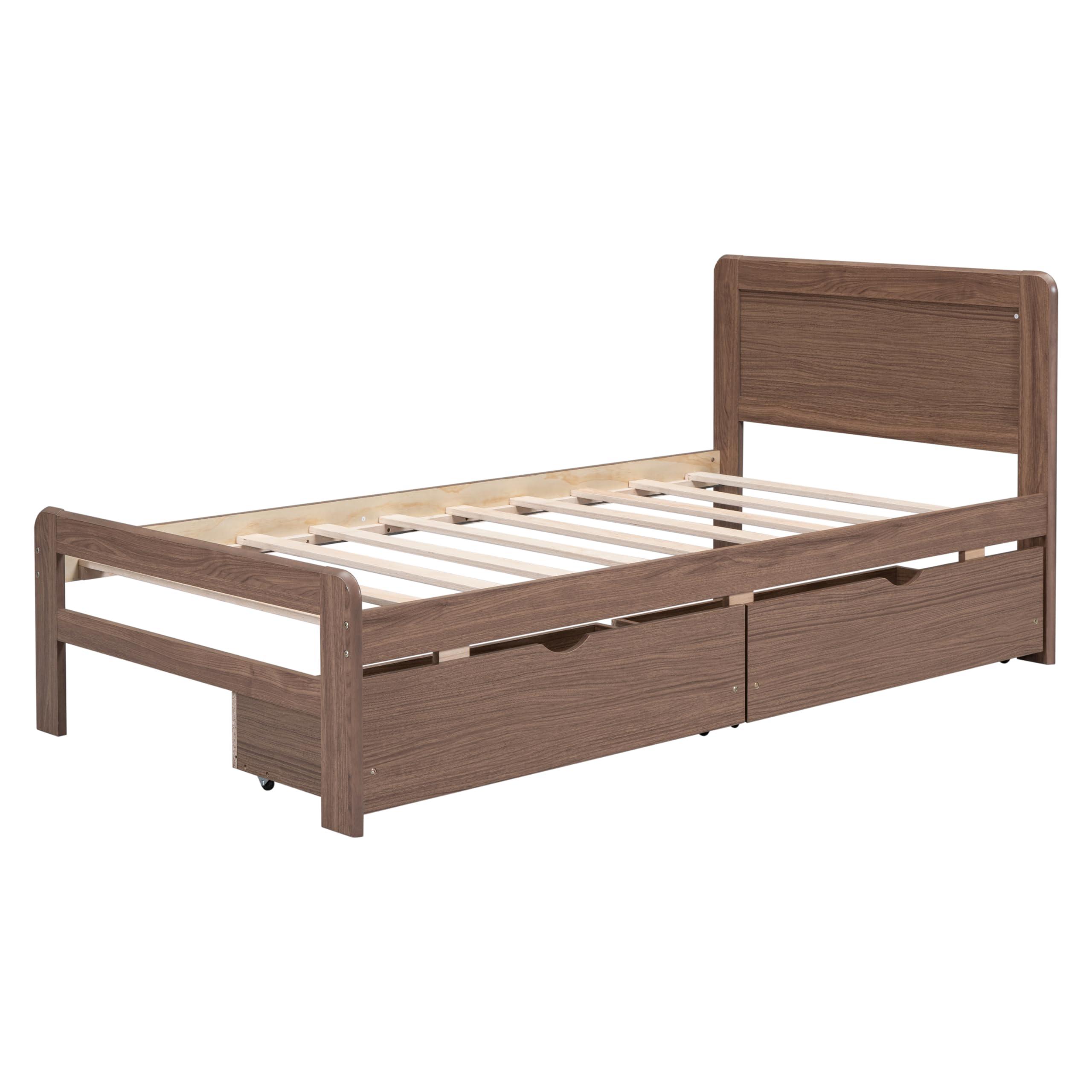 HomeLoft Basics Modern Design Twin Size Platform Bed Frame with 2 Drawers for Walnut Color