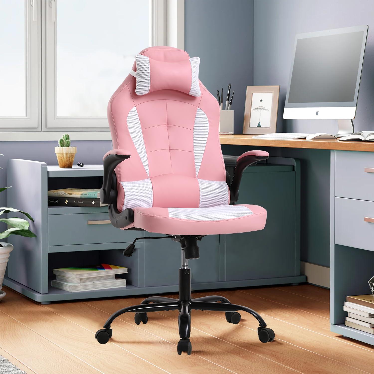 MKDLUFEI Pink Gaming Chair, Gaming Chairs for Adults, Game Chair with Flip Up Arms, Small Gaming Chair with Lumbar Support and Headrest, Comfortable Desk Chair for Adults Teens Kids Men Women, Max 250 LBS
