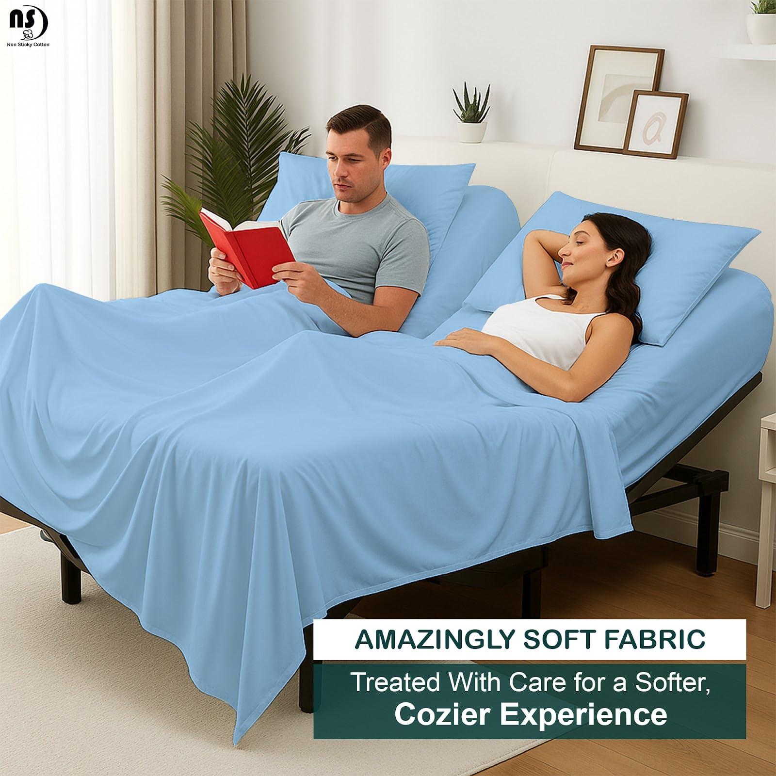 NON Sticky cotton Top Split King Sheets Sets for Adjustable beds, Sheets for Sleep Number Bed Split King deep Pocket, 34\" Split Top King Sheets 400 Thread Count 100% Cotton, Flex Top Sheets, Light Blue Solid