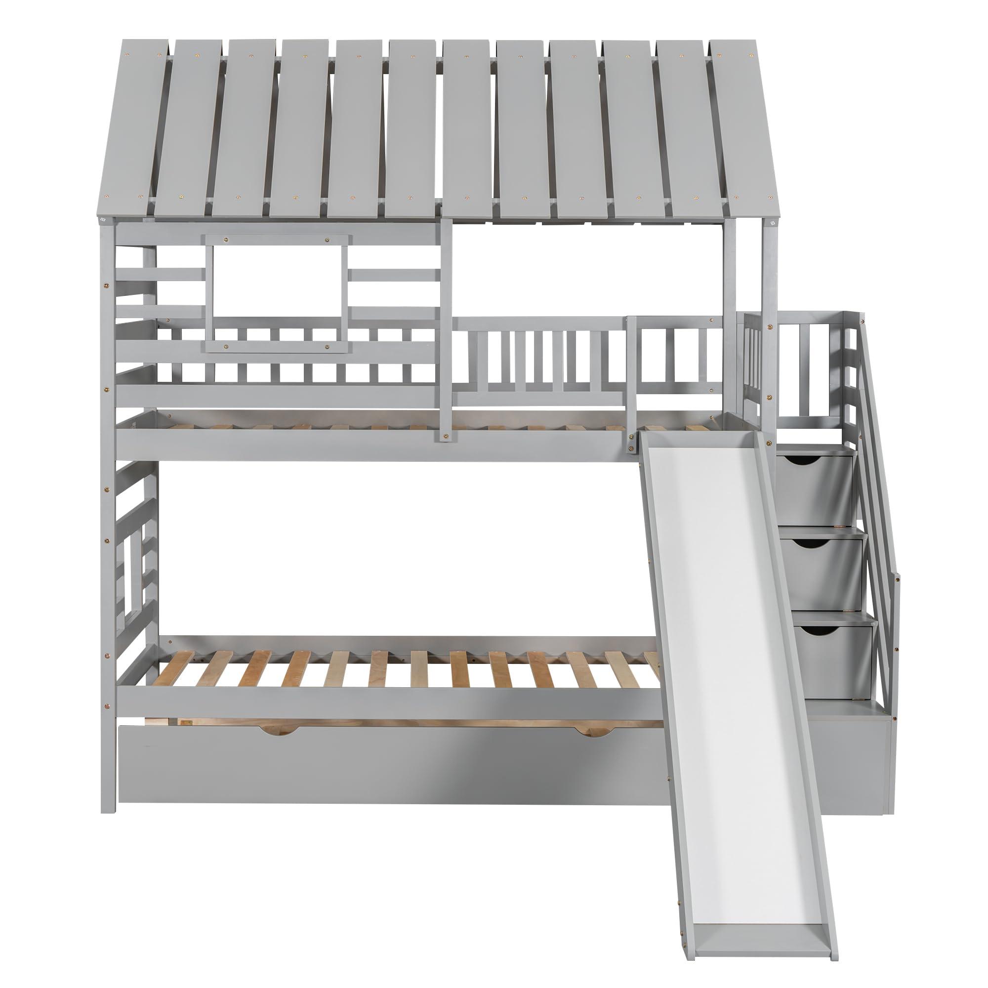 Merax Merax Twin Over Twin House Bunk Bed, Wooden Bed Frame with Trundle and Slide, Storage Staircase, Roof and Window Design, Gray