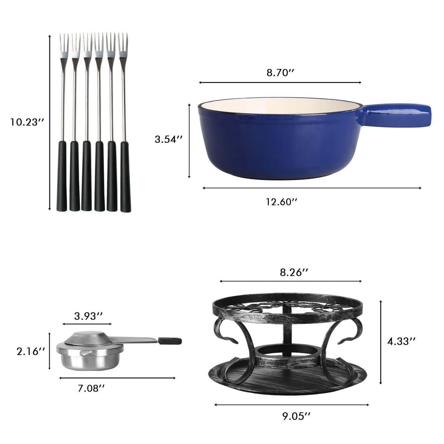Artestia Artestia Swiss Traditional Cast Iron Cheese Fondue Pot Set, Campimg Fondue Set for Cheese, Meat & Chocolate (Blue)