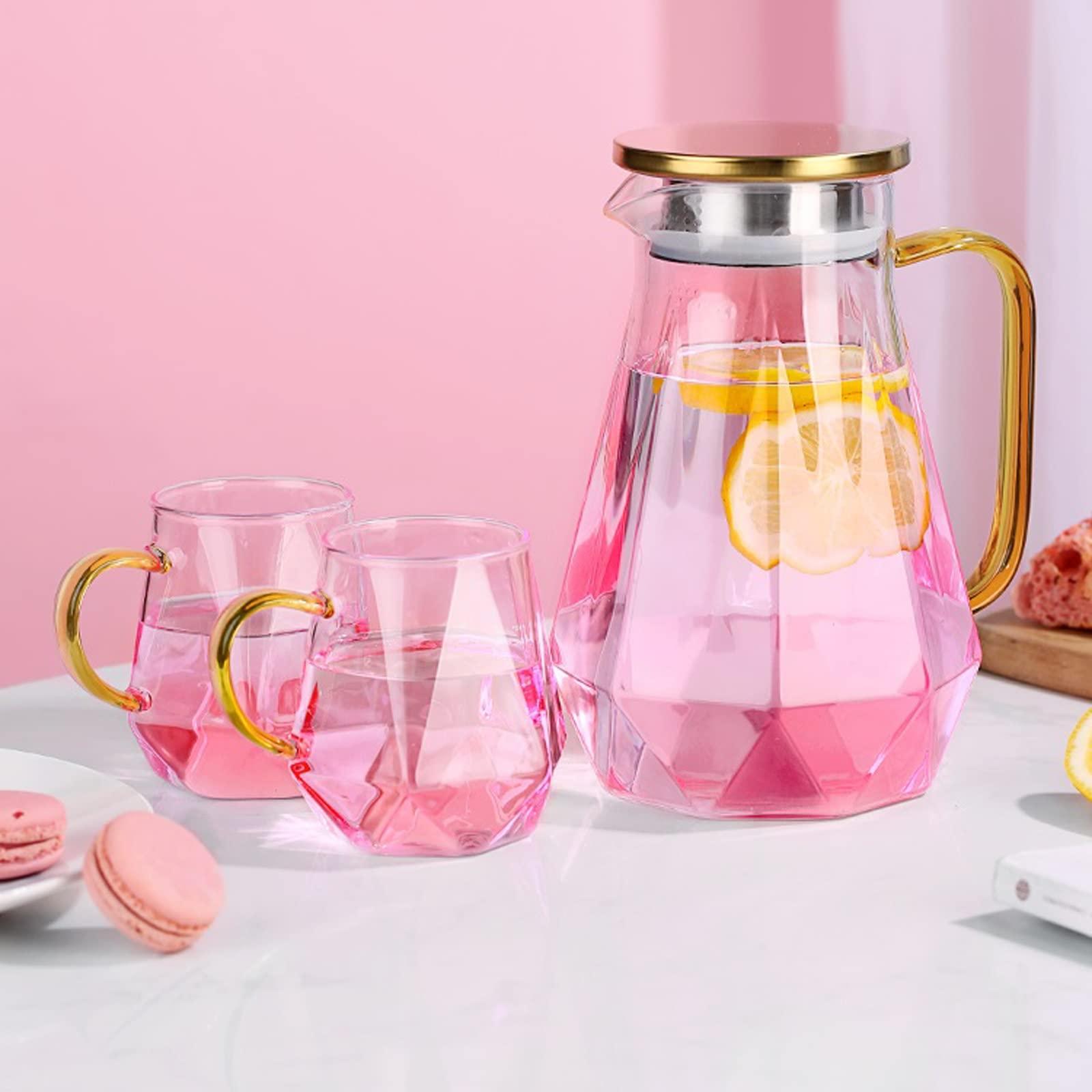 FACMAS Pitchers Beverage Pitchers Creative Glass Water Kettle Set Brings Mug Tray 1500ml Pink Clear Pitcher Flower Fruit Tea Set Afternoon Teatime Drinkware for Juice Milk Cold or Hot Beverages (Color : A)