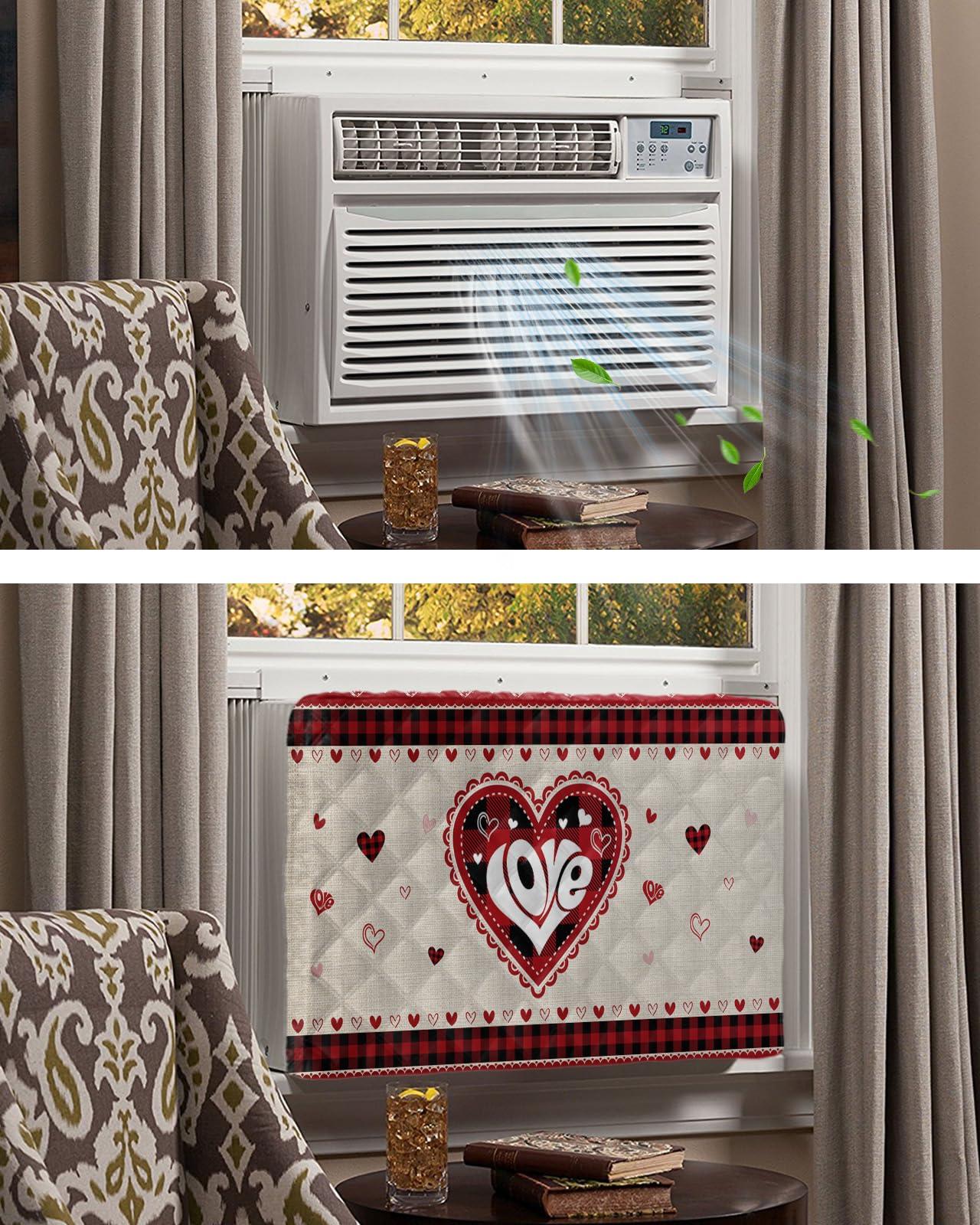 Yukro Indoor Air Conditioner Cover, Valentine's Day Love Heart Buffalo Plaid Linen Texture Dust-proof Window Air Conditioner Cover, Inside Window AC Unit Cover with Elastic Straps, 28L x 20H x 3.5D