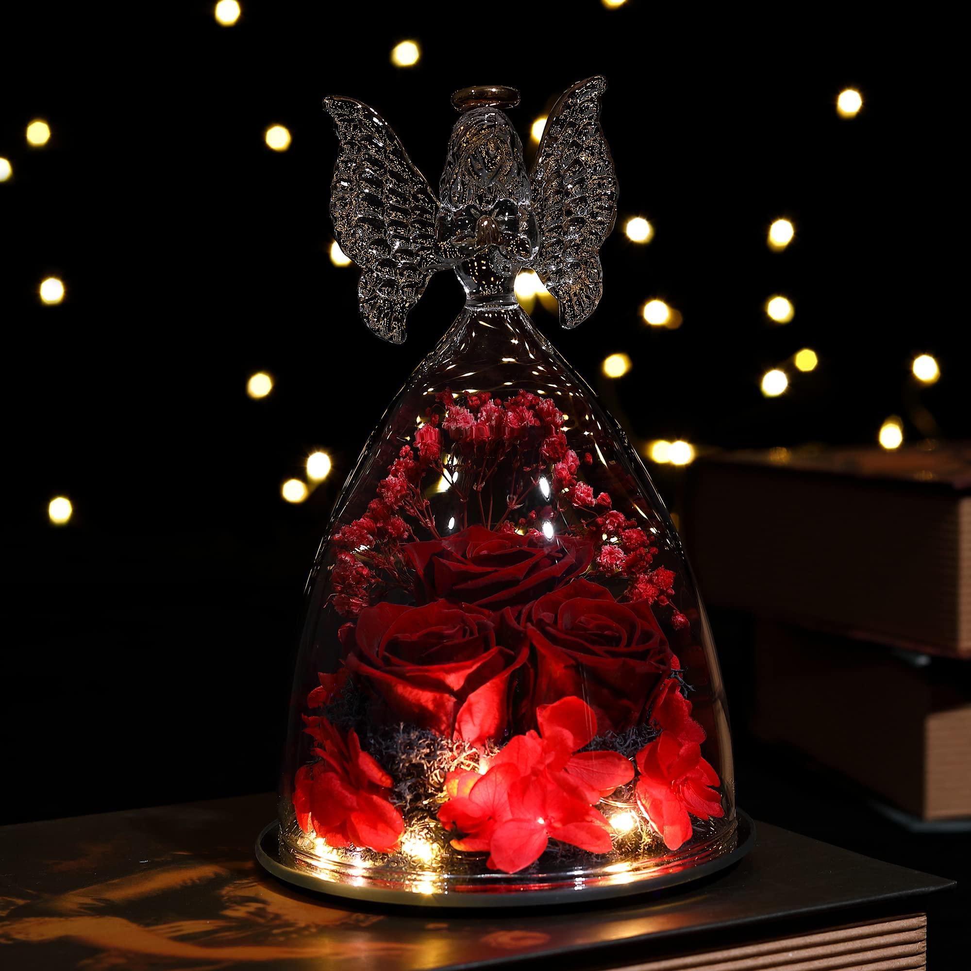 Tiaronics Tiaronics Mothers Day Rose Gifts Glass Angel Figurine with Three Roses Gifts, Preserved Forever Real Rose Gifts for Women, Angel Guardian with Rose for Valentine Day Mothers Day - Wine Red