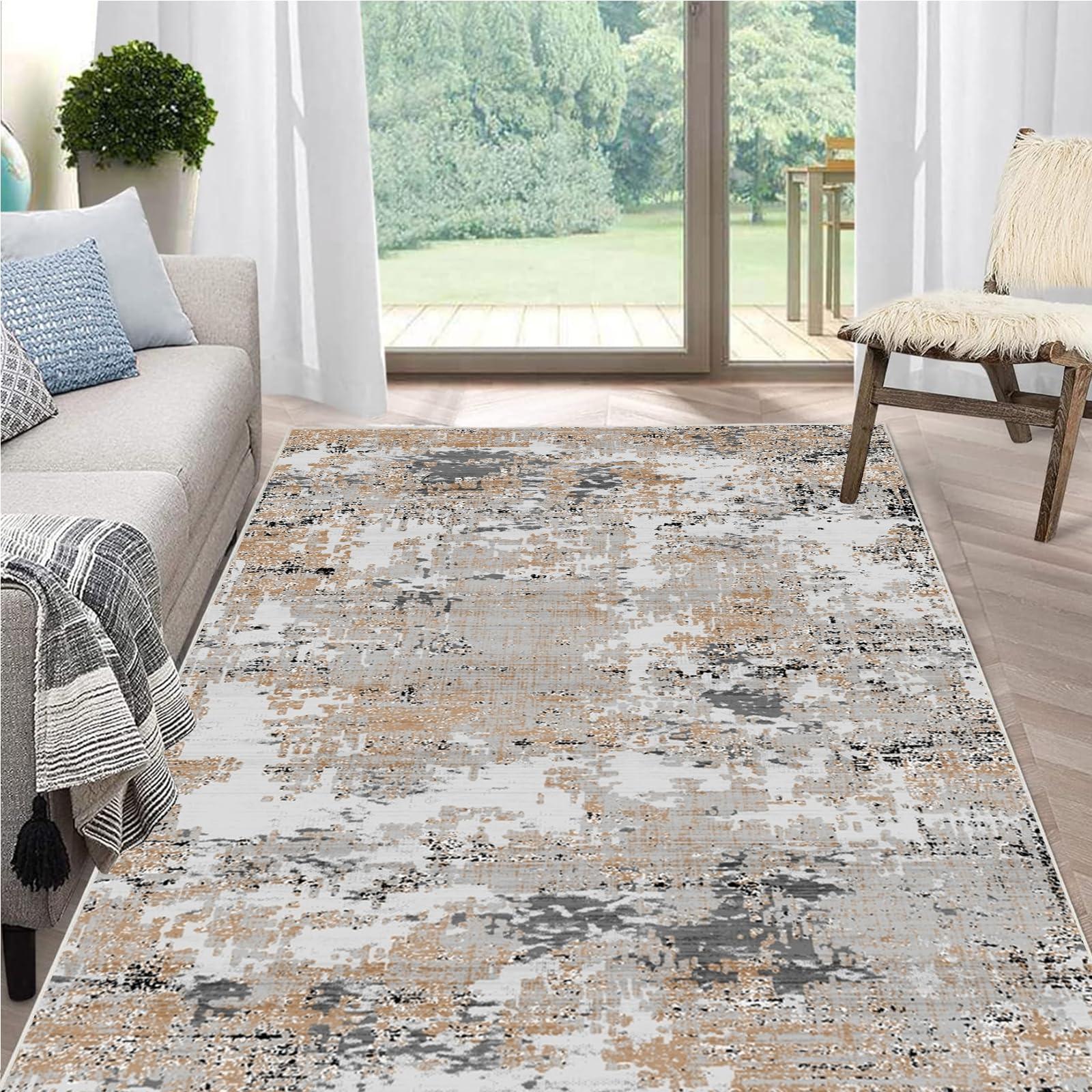 MiZuH Imitation Cashmere Area Rug 4x5 - Large Living Room Rug - Washable Rug Boho Rugs Non-Slip for Bedroom Dining Room, Medium-Pile Floor Carpet Modern Accent Rug, Orange/Gray