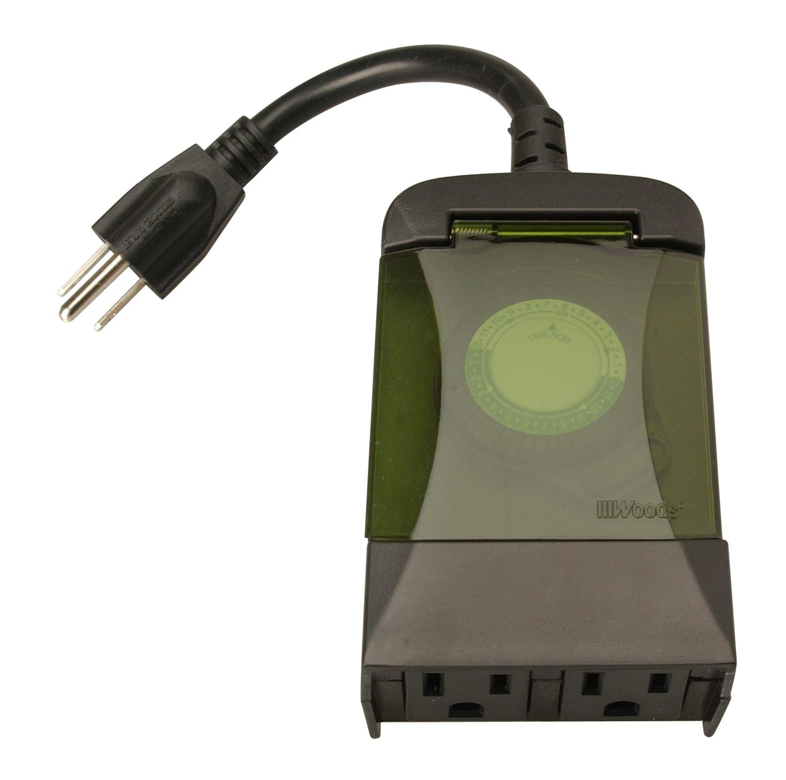 WOODS Woods 50011 Outdoor 24-Hour Plug-in Mechanical Timer with 2 Grounded Outlets Energy Saving Quick Tool Free Weatherproof Housing Programmable Settings, 6-Inch Cord, Black