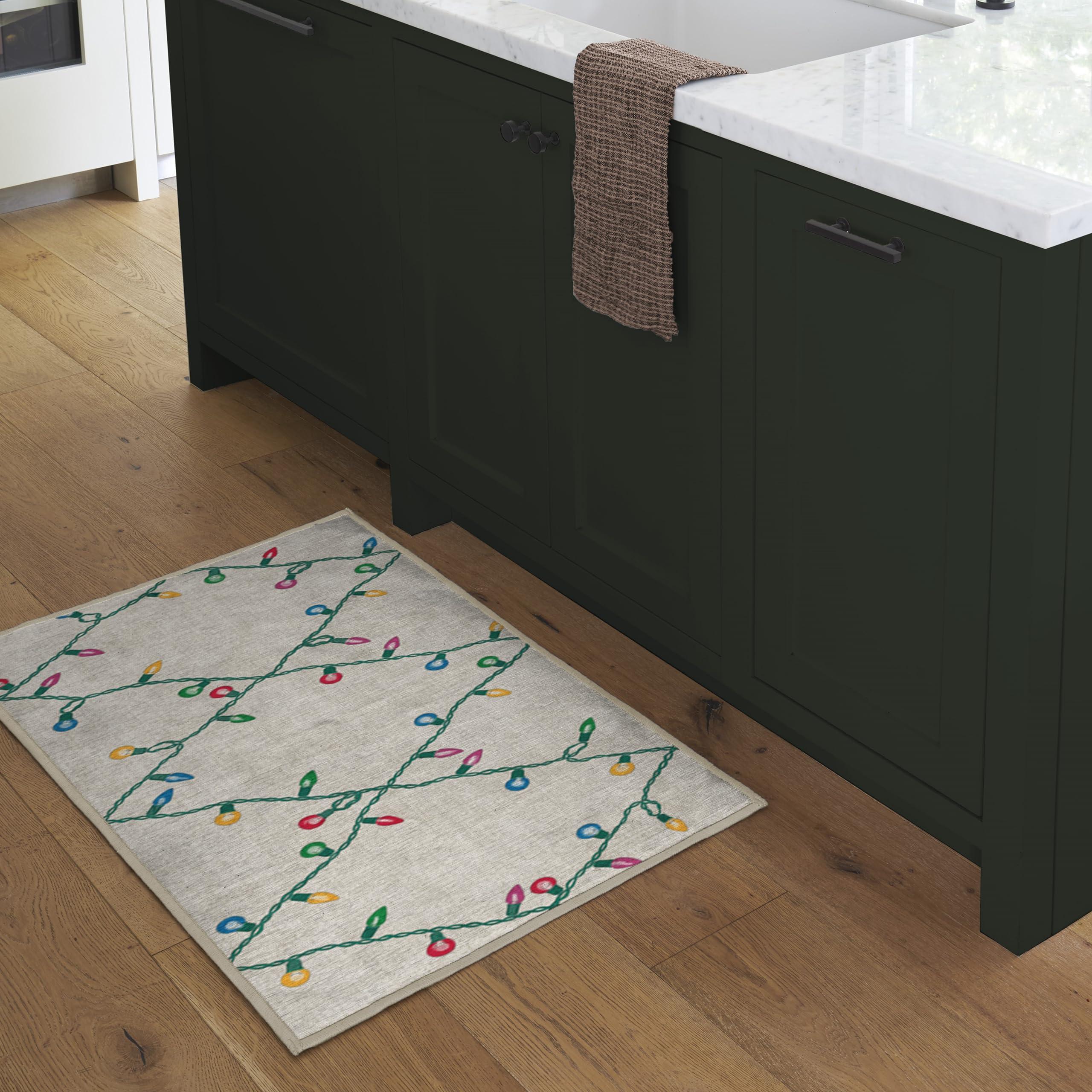 RUGGABLE Ruggable Washable 2x3 Area Rug, Neutral, Premium Christmas Rugs for Living Room, Bedroom, Kitchen, Office, Classroom with Gripper Non Slip Pad, Holiday Lights Creme