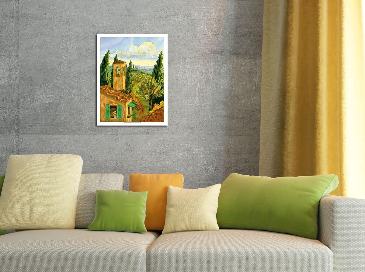 Pacifica Island Art Tuscan Afternoon - Tuscany Italy - Italian Villa Vineyards Cypress Trees - From an Original Watercolor Painting by Robin Wethe Altman - Fine Art Rolled Canvas Print 20in x 26in