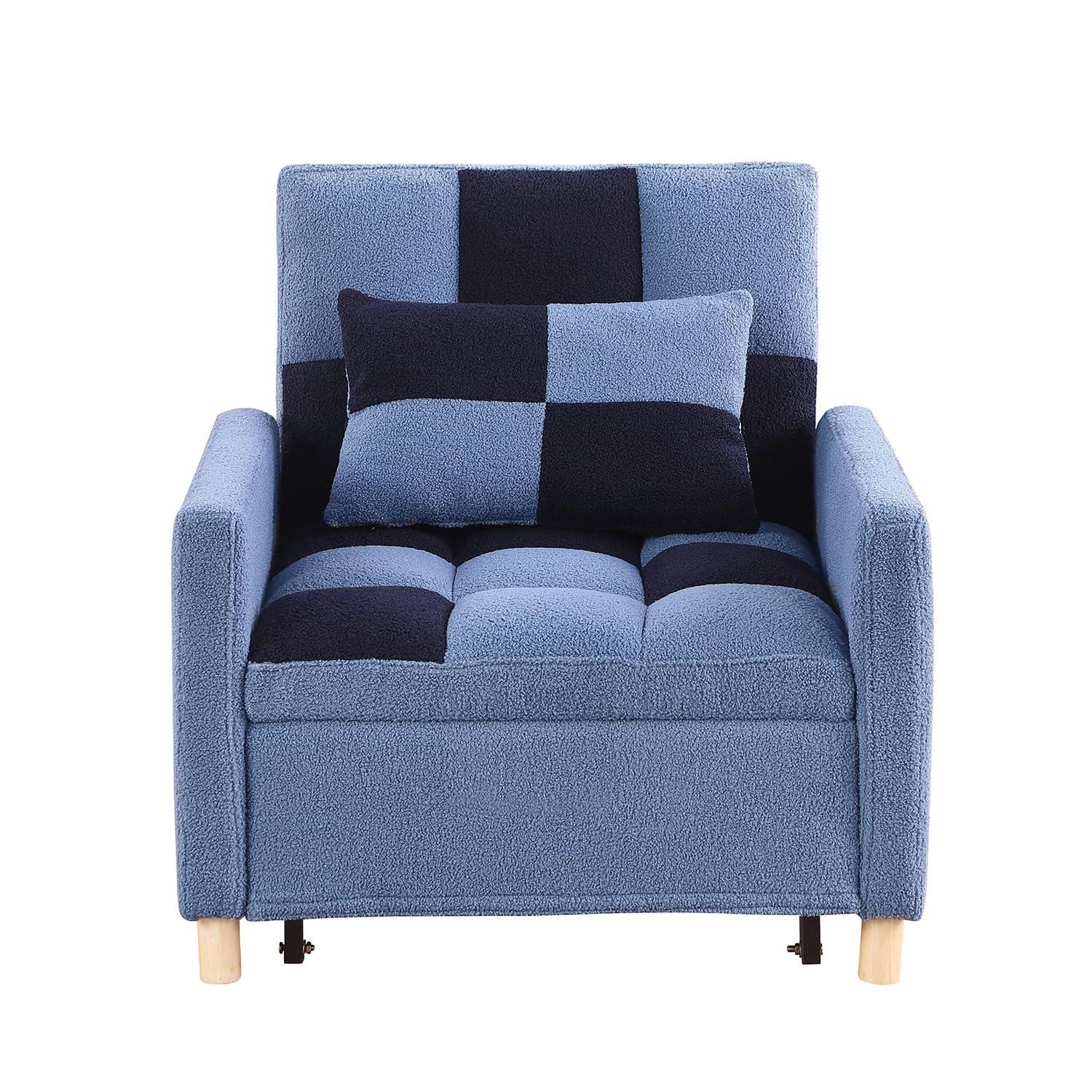 SmarvoHouse Sleeper Chair Bed - Convertible Single Sofa Chair Bed with Pillow,Pull Out Sleeper Bed with Adjustable Backrest,Multi-Functional Lounge Chair with Teddy Fabric for Apartment,Living Room (Blue)