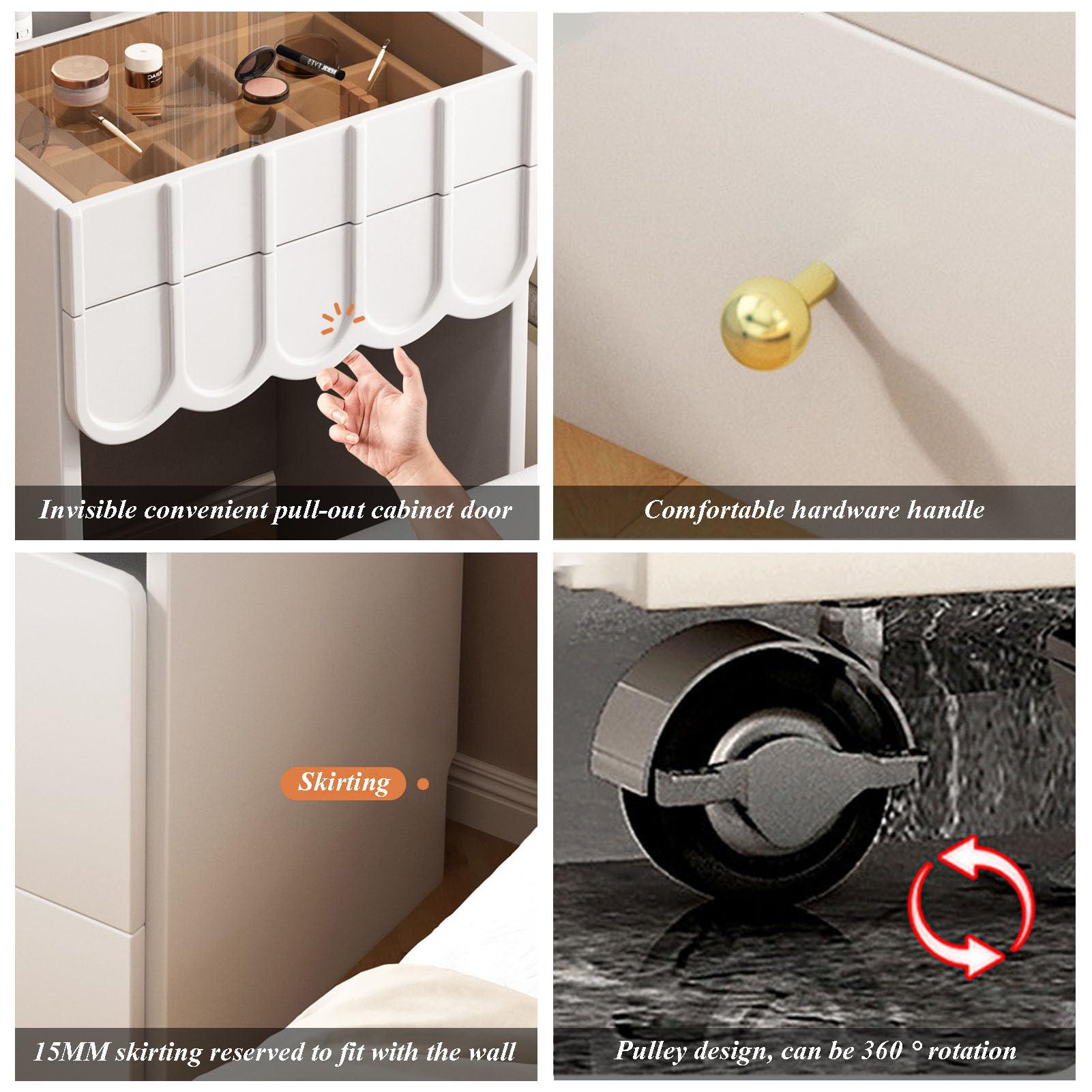 TBWFRD Makeup Vanity Table with Lighted Mirror, Small Vanity Desk with Storage Stool and Drawers, Bedroom Dressing Table with Transparent Table Top for Girls Women Gifts