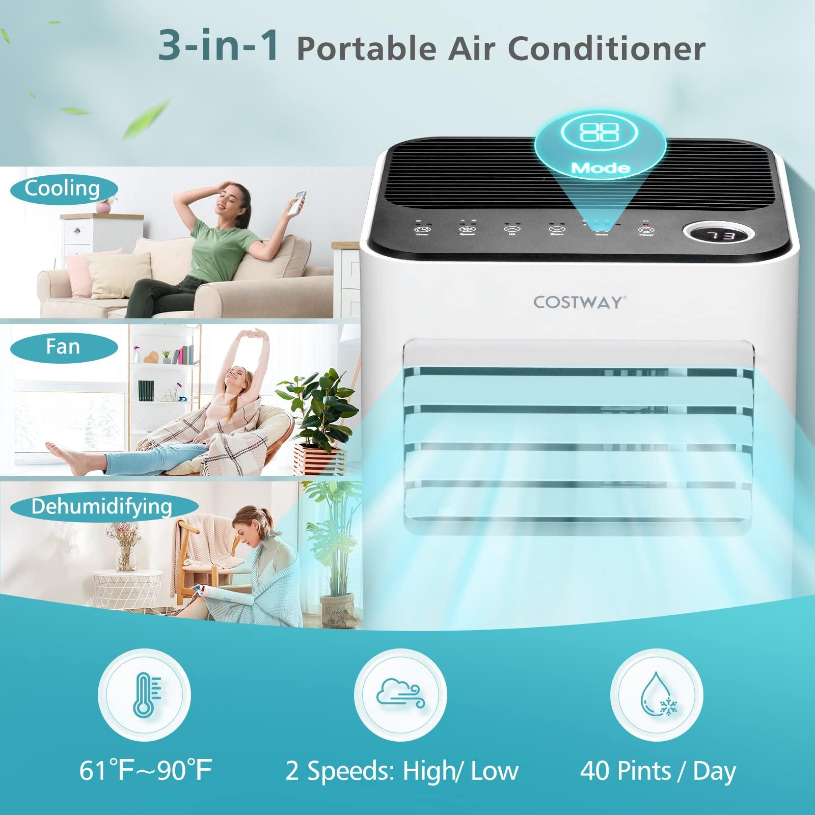 COSTWAY COSTWAY 8000 BTU Portable Air Conditioner, with Fan & Dehumidifier Mode, Quiet AC Unit with Sleep Mode, 2 Speeds, 24H Timer, LED Display, Remote Control, Cool Rooms up to 250 Sq.Ft (White-8000BTU)