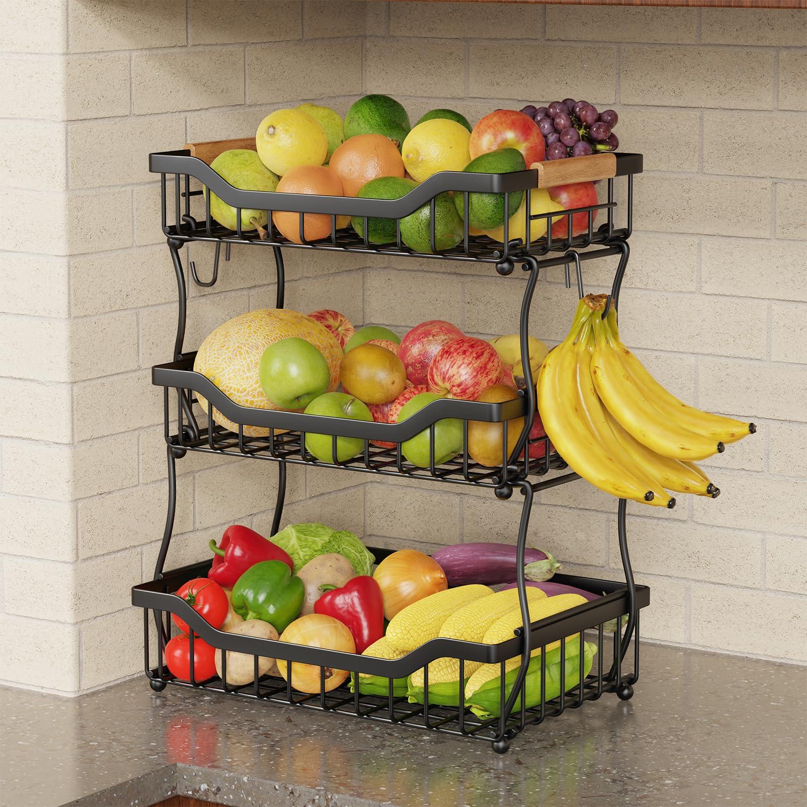 Giwil Giwil 3 Tier Countertop Fruit Basket for Kitchen, Vegetable Storage Basket Bread Fruit Bowl Stand with 2 Banana Hooks, Wall Mounted Metal Wire Basket Organizer for Potato Onion, Black