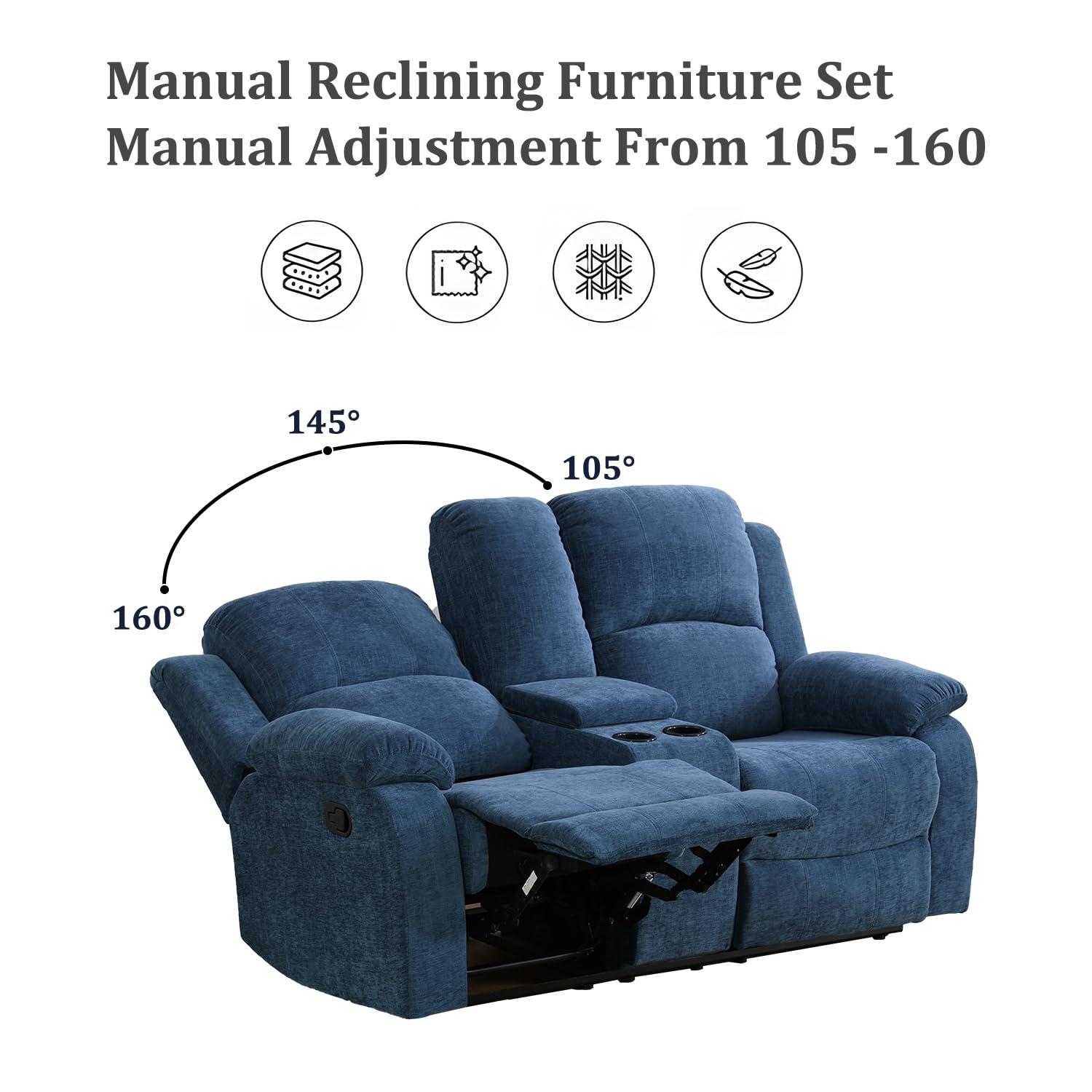 GEBADOL GEBADOL Manual Recliner Sofa, 3 Seater Reclining Sofa, Blue Flannel Recliner Couch for Living Room