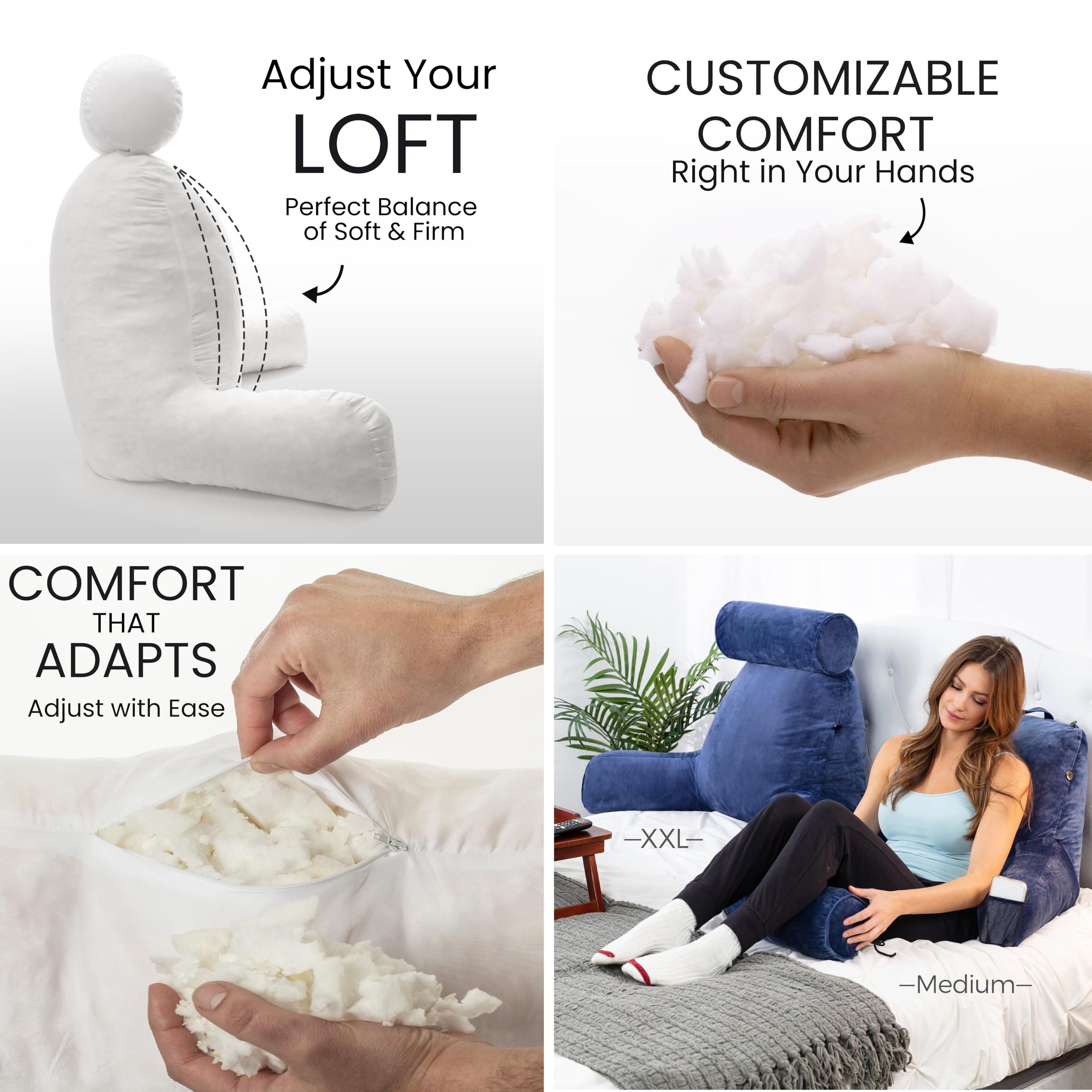 Husband Pillow Husband Pillow XXL Reading Pillow for Bed Backrest with Arms - Dark Blue - Adult - Shredded Memory Foam, Ultra-Comfy Microplush Cover & Detachable Neck Roll - Unmatched Support Bed Rest Sit Up Pillow