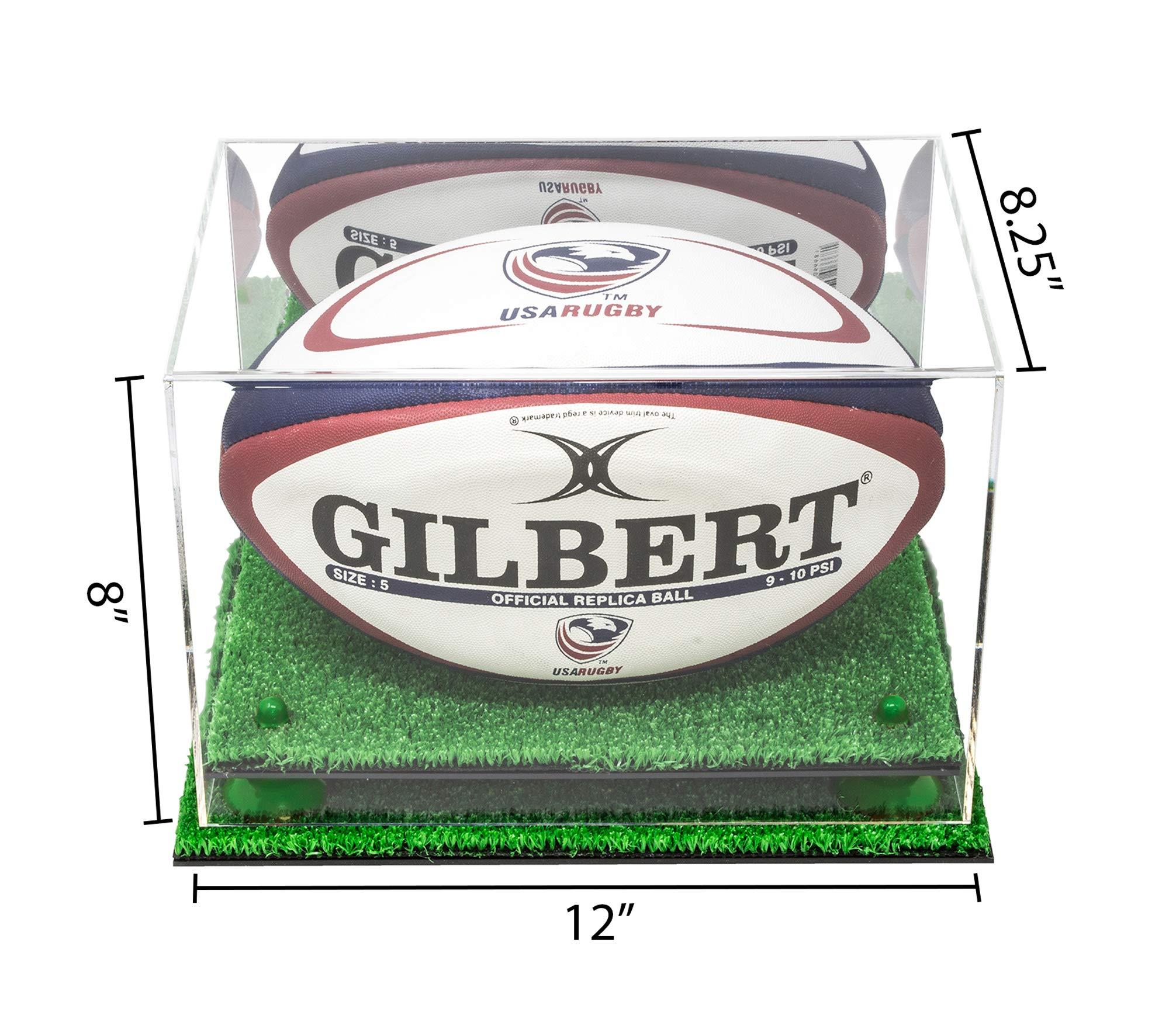Better Display Cases Better Display Cases Acrylic Rugby Ball Display Case with Mirror, Green Risers and Turf Base (A004-GRR)