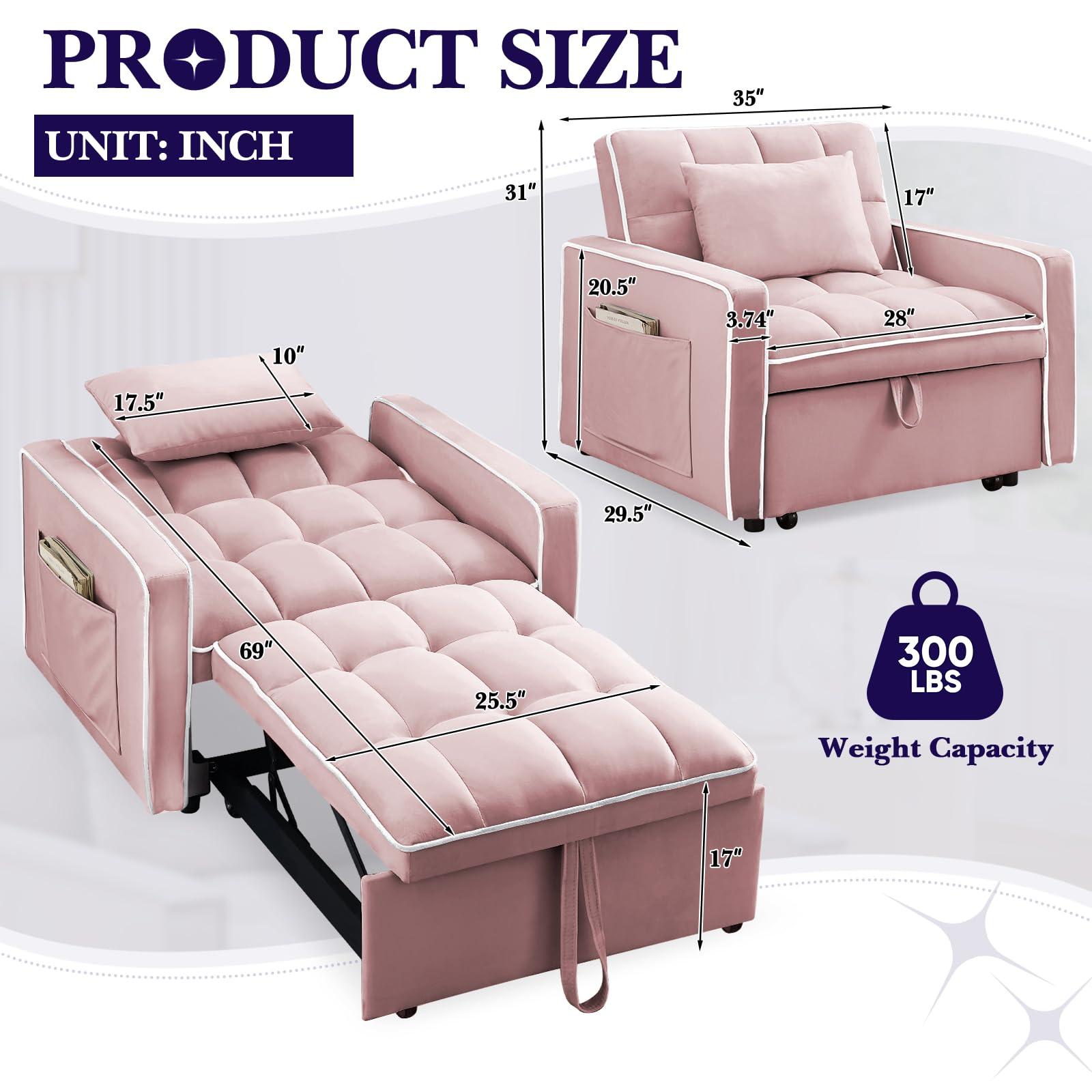 Antetek Convertible Sleeper Chair Bed, 3 in 1 Modern Velvet Pull Out Sofa Bed, Small Tufted Single Sleeper Chair with Adjustable Backrest/Pillow for Living Room, Small Spaces, Apartment, Office, Pink