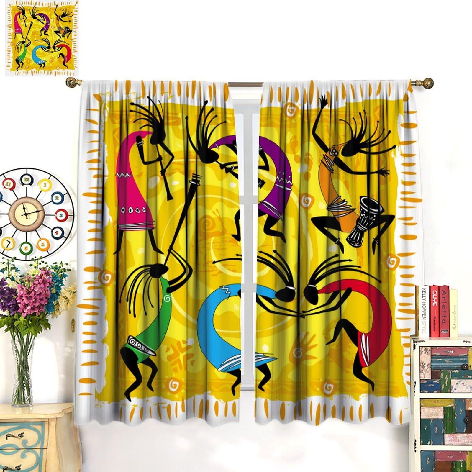 SanLunChe Kokopelli Curtains, Dancing Playing Musical Instrumentss on Tribal Patterns Artwork Thermal Insulated Room Darkening Curtains for Living Room Bedroom Drapes 2 Panels 52x96in