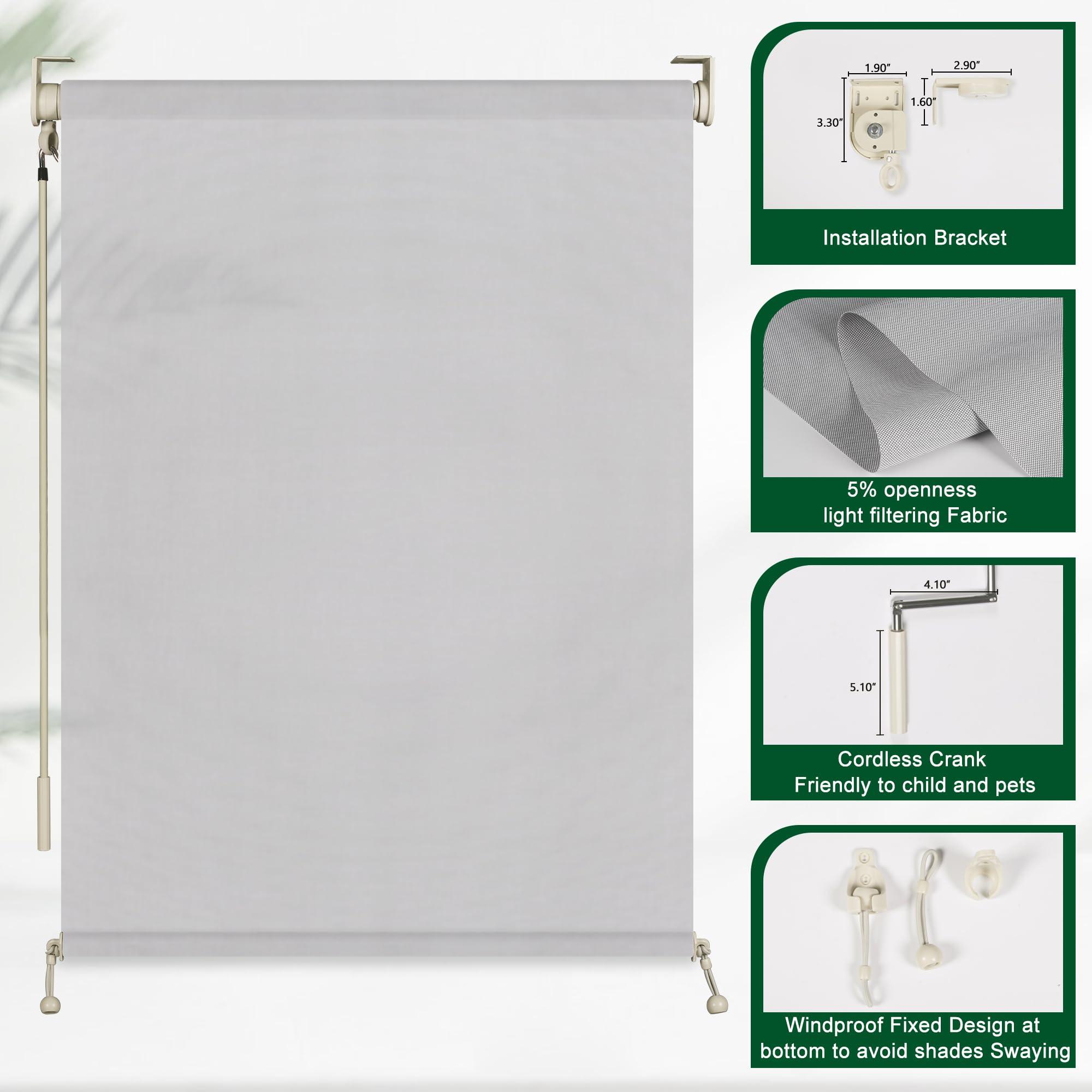 Doing-X Doing-X Outdoor Roller Shade for Patio Shades Roll up Exterior Blinds Cordless Wand Operation Privacy Screen Hand cranking Roller Shades for Porch Pergola Balcony,20" W x 30" H(5% Openness Gray)