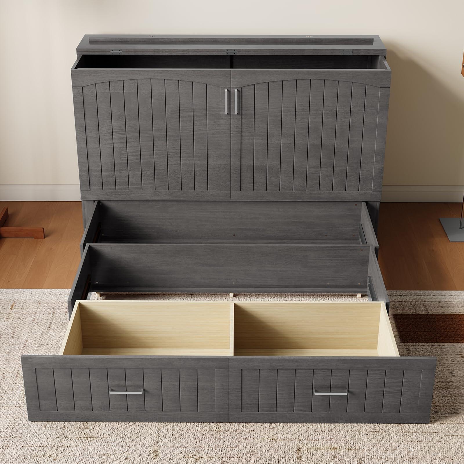 BALUS BALUS 64\" W Murphy Bed Cabinet with Mattress,Murphy Bed Queen,Modern Muti-Functional Cube Cabinet Bed 2 Large Drawers&3 Level Folding Foam Mattress for Living Room/Apartment/Loft (Stone Grey)