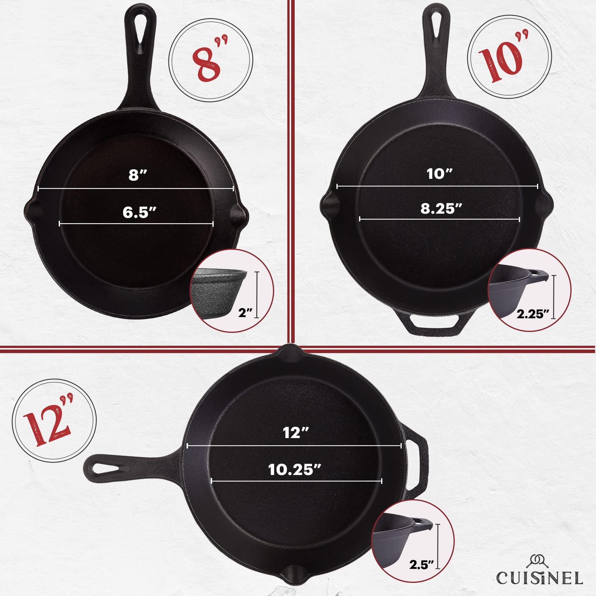 Cuisinel Cuisinel 8\"+10\"+12\"-Inch Cast Iron Skillets Set with Glass Lids + Silicone Handle Holder Covers + Pan Scraper - Pre-Seasoned Oven Cookware - Use Indoor/Outdoor, Grill, Stovetop, Camping Fire, Oven