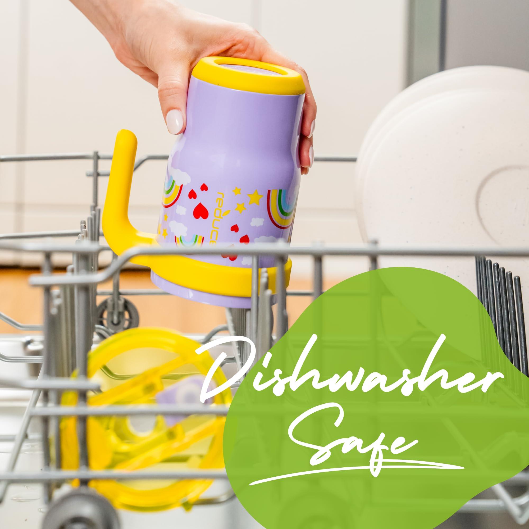 REDUCE REDUCE 14 Oz Coldee Kids Tumbler with Lid and Straw - Coldee Insulated Travel Mug - Spill-Proof, Sweatproof Stainless Steel, BPA-Free - Includes Handle, Reusable Silicone Straw - Rainbow Sky