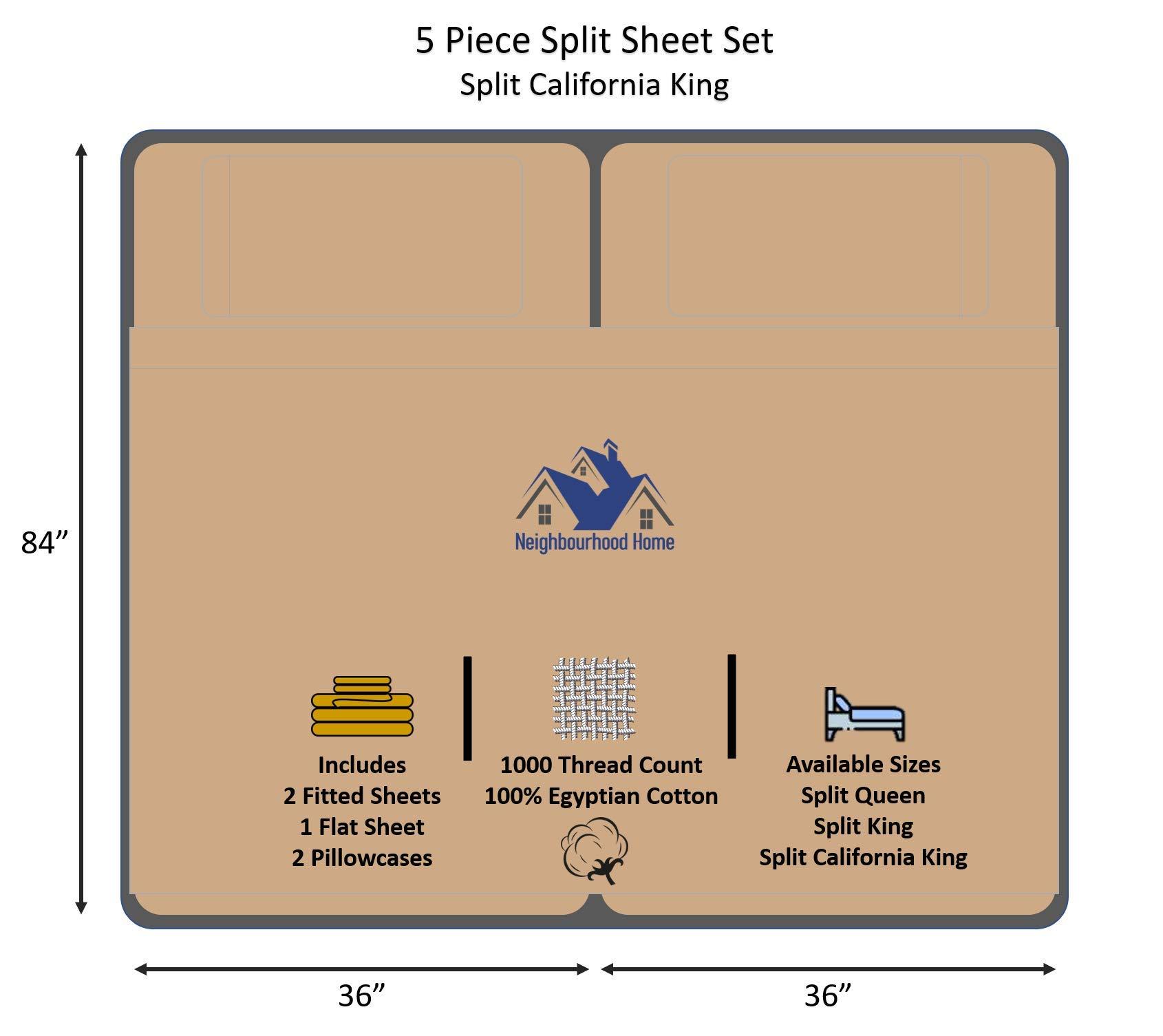 Neighbourhood Home Split California King Egyptian Cotton Sheets Sets for Adjustable Bed 22-Inches Extra Deep Pocket- 1000-Thread-Count, 100% Egyptian Cotton 5-PC Sheet Set Soft Breathable Sateen Weave - Taupe