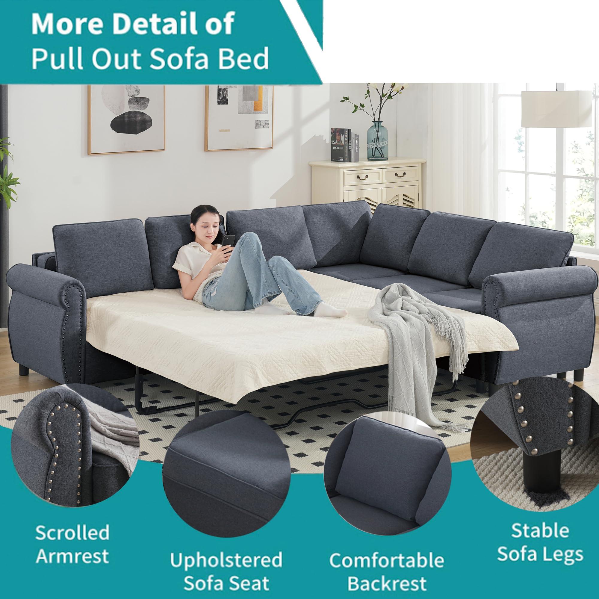 HZANHY HZANHY Sectional Sleeper Sofa with Pull Out Bed,2 in 1 Pull Out Couch Bed, L-Shape Sectional Couch Sleeper Bed,6 Seater Sleeper Sectional Sofa Bed, 104'' Large Combined Sofa Bed in Living Room Grey