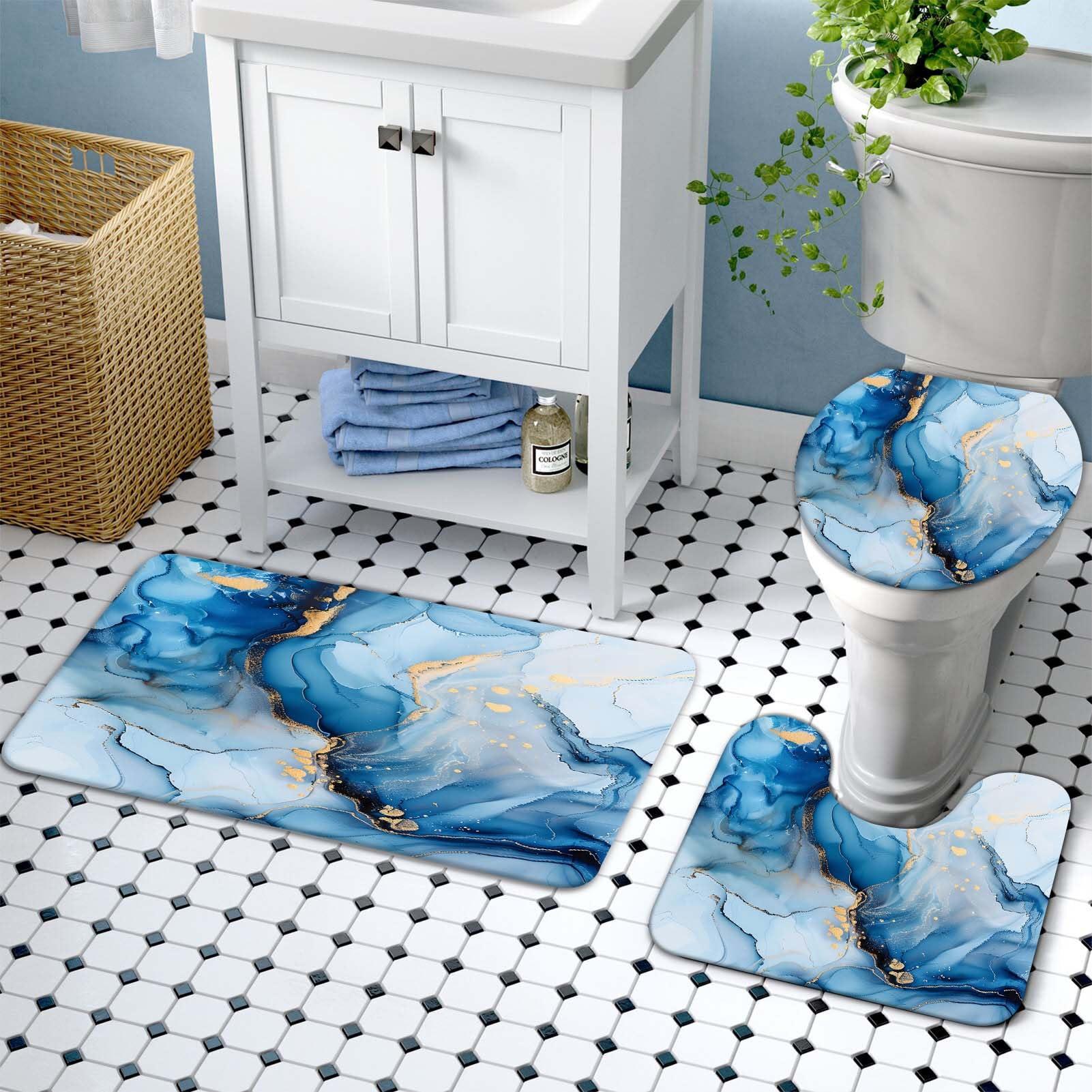 Lnond Lnond 4Pcs Bathroom Sets with Shower Curtain and Rugs, Marble Bathroom Shower Curtain Sets, Blue Gold Modern Art Bathroom Sets with Rugs and Accessories