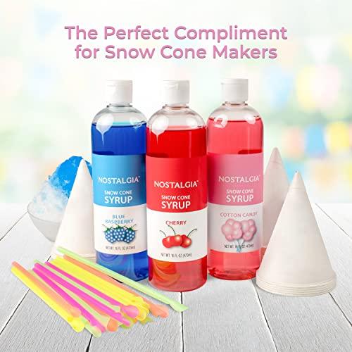 Nostalgia Nostalgia Premium Snow Cone Party Kit, 3 Syrups, Blue Raspberry, Cherry, Cotton Candy, 20 Cups & Spoon Straws
