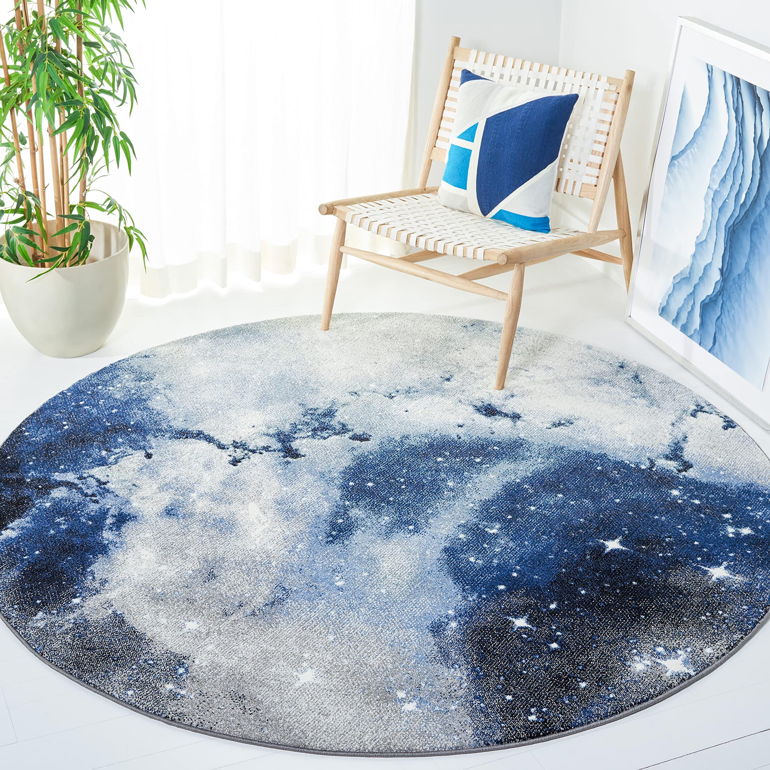 Safavieh SAFAVIEH Galaxy Collection Area Rug - 6'7" Round, Blue & Ivory, Abstract Design, Non-Shedding & Easy Care, Ideal for High Traffic Areas in Living Room, Bedroom (GAL109M)