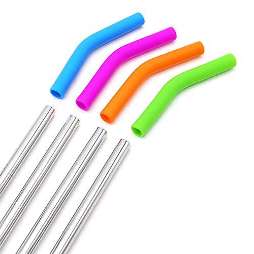 GFDesign Big Drinking Straws Reusable 12" Extra Long 8mm Extra Wide Food-Grade 18/8 Stainless Steel Silicone Elbows Tips for Smoothie Milkshake Cocktail Juice Hot Drinks - Set of 4 + 2 Cleaning Brushes