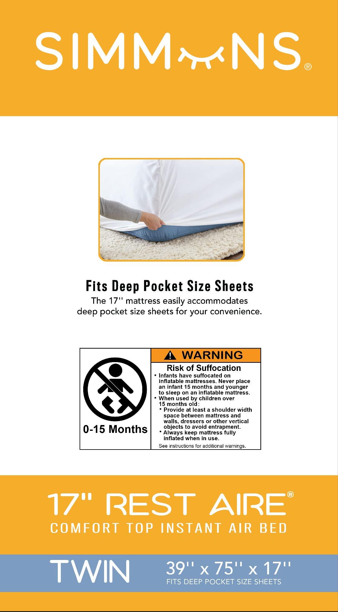 Simmons Simmons Rest Aire Mattress Air Bed with Side Built-in Pump and Soft Velveteen Topper, 17" Twin