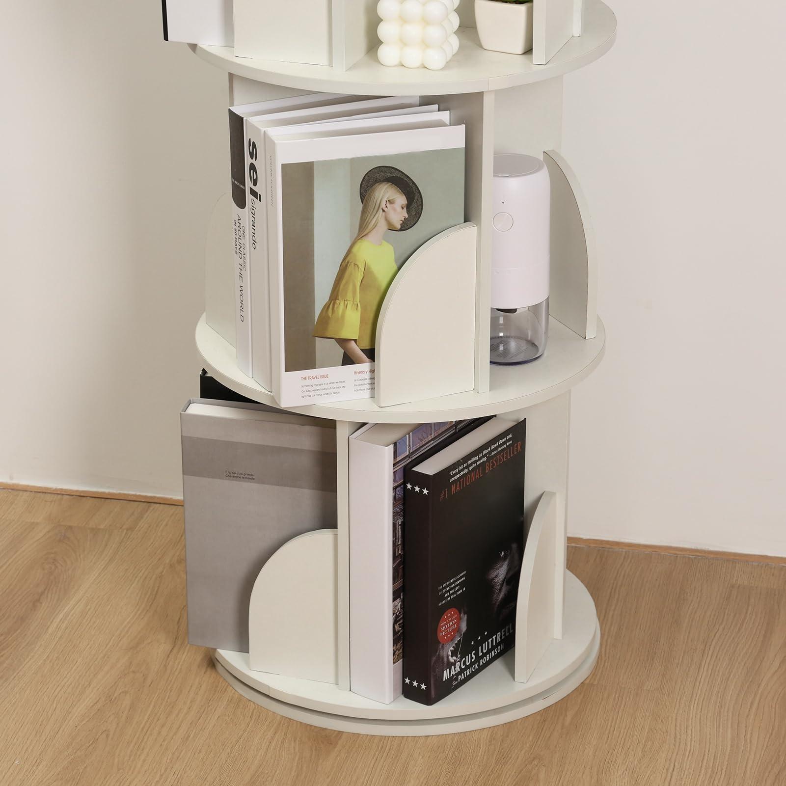 Makamsui Makamsui Rotating Bookshelf, 4 Tier Rotating Bookshelf Tower Floor Standing Bookcase, Small Corner Bookshelf Storage Rack for Small Space, Wood Narrow Book Shelf Organizer for Bedroom, Living Room Wh
