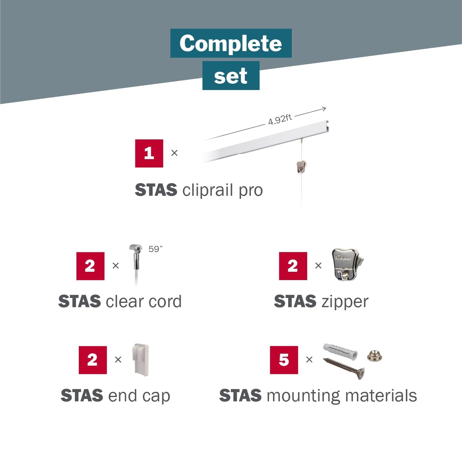 Stas Picture Hanging Systems STAS Cliprail Pro Picture Hanging System Set White - Covers 4.92 ft of Wall Space - Heavy Duty Picture Rail & Art Hanging Gallery Kit Without Nails - for Home or Museum (Includes 2 Hooks & Cords)