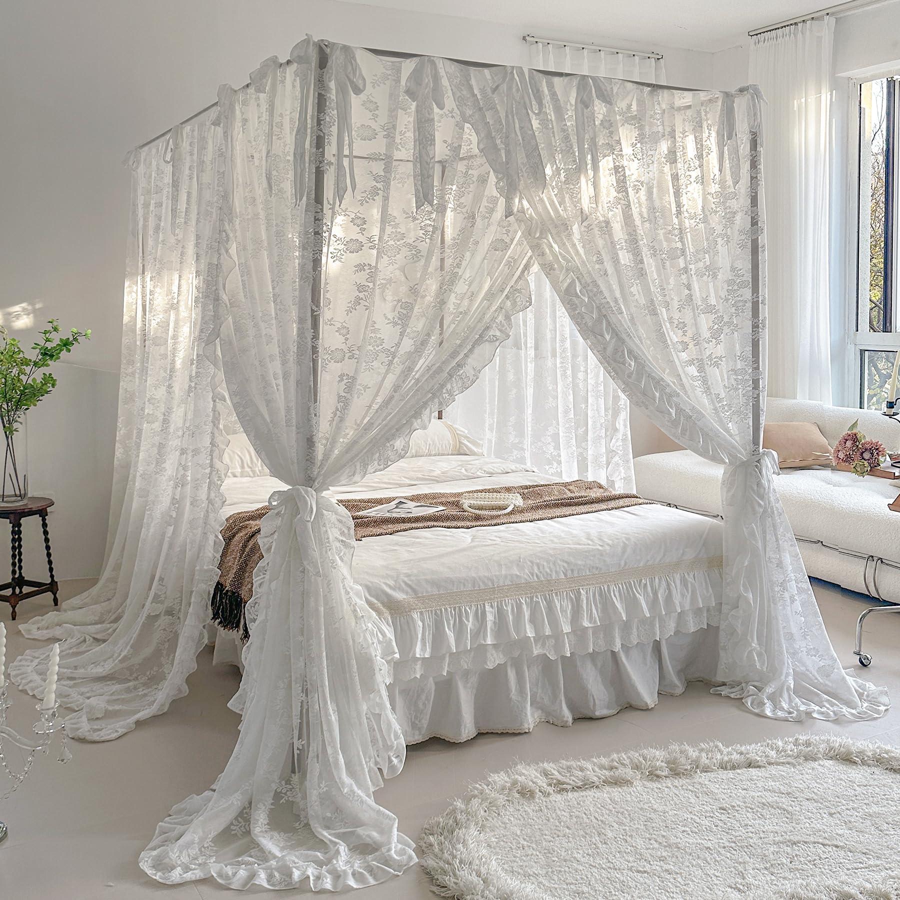 Mengersi Mengersi Canopy Bed Curtains with Tie Backs,Bed Canopy Curtains Bed Drapes Sheer Curtains for Bedroom DecorKing,White