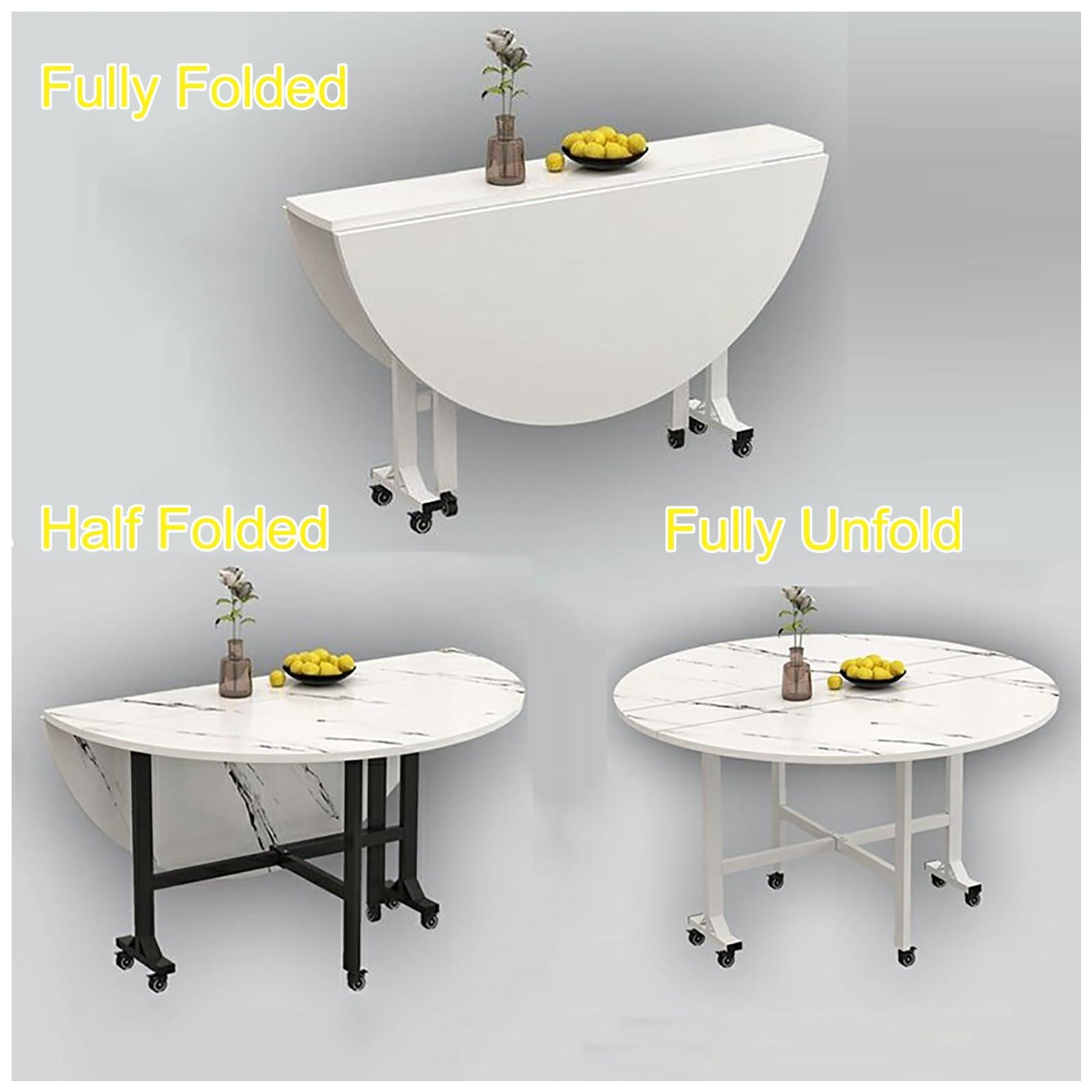 Cxlly Saving Folding Dining Table,Round Drop Leaf Kitchen Dining Room Tables, Universal Wheel with Brake for Kitchen Home Party (Color : White a, Size : 100cm/39.4in)