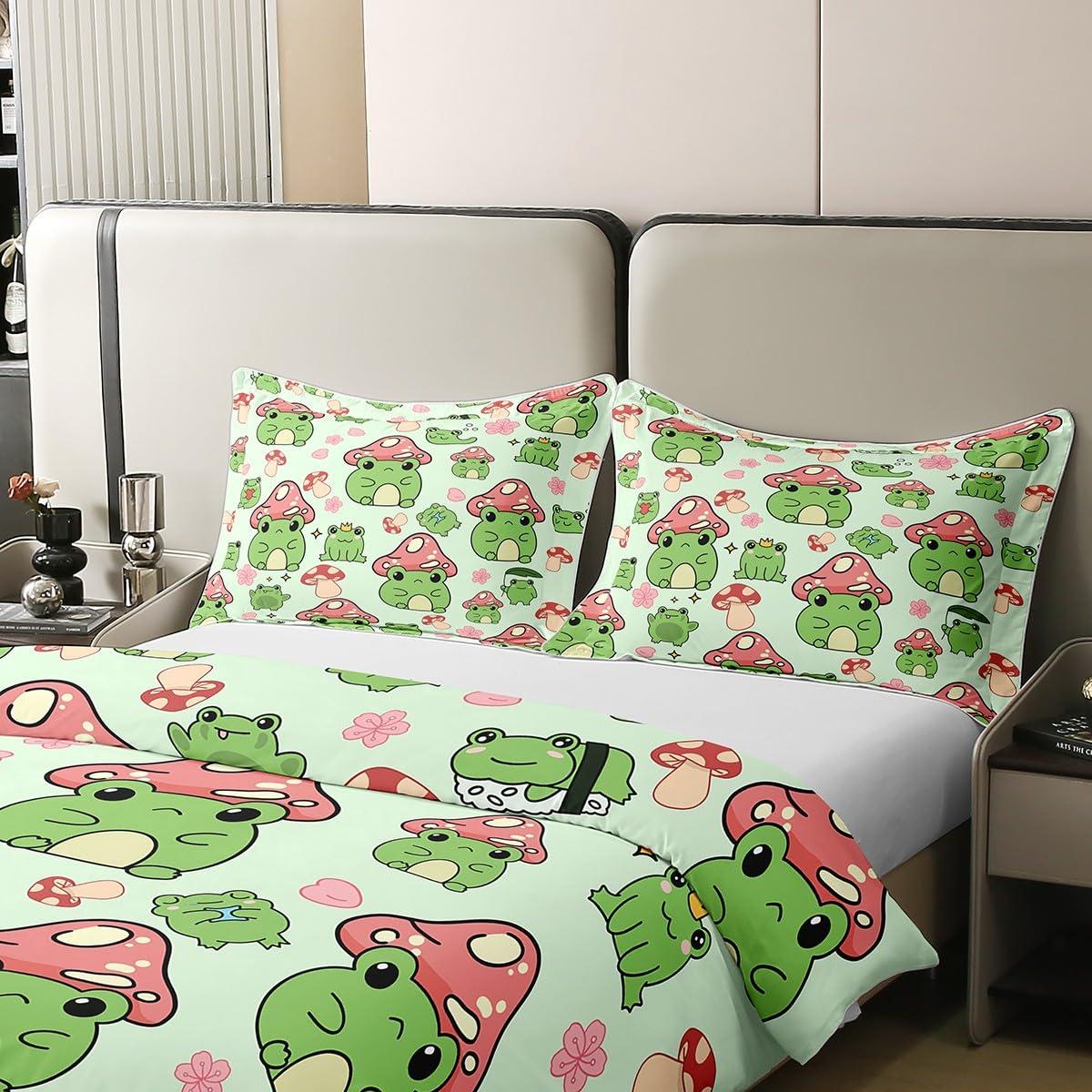 Castle Fairy Mushroom Frog 100% Organic Cotton Comforter Cover Cute Mushroom Duvet Cover Set Queen Size for Bedroom Cartoon Animals Plants Bedding Set with 2 Pillowcases(Not Comforter)