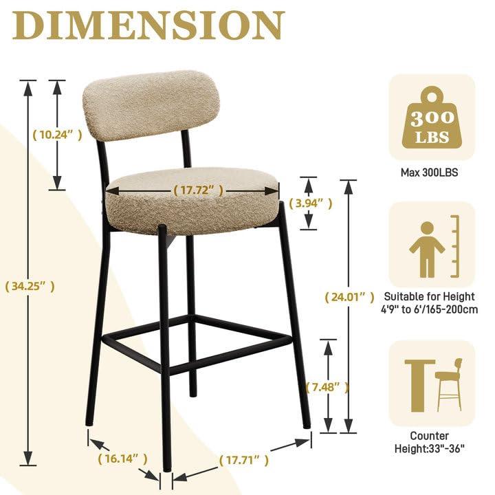 DYHOME DYHOME Bar Stools Set of 3, 24 Inches Modern Counter Height Bar Stools with Curved Back Metal Legs, Beige Upholstered Boucle Barstools for Kitchen Island, Cafe
