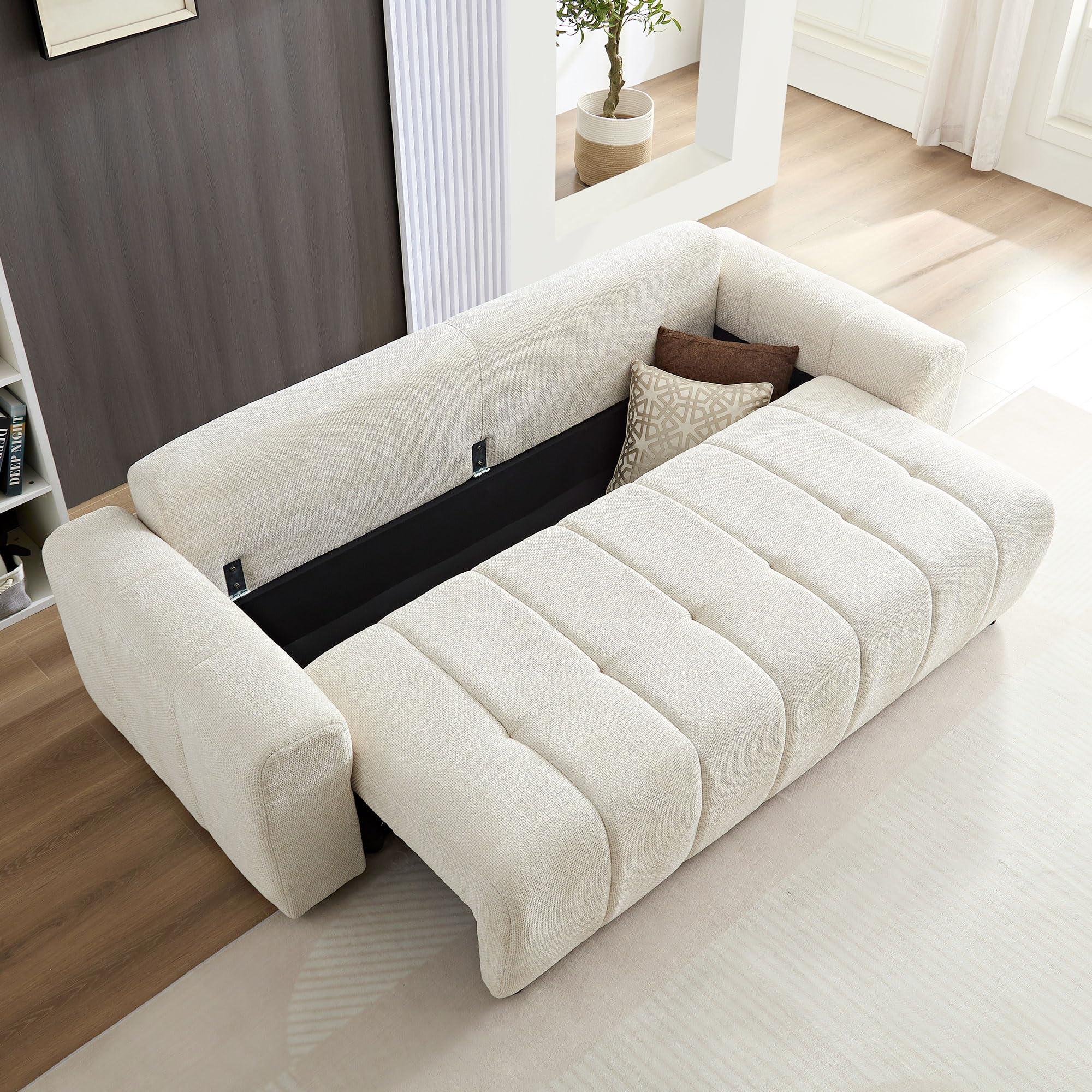 DREAMODERN DREAMODERN 94.48'' Futon Sofa Bed with Storage, 2-in-1 Comforty Pull-Out Sofa Bed for Living Room, Fabric Upholstery Deep Seat Sleeper Sofa for Bedroom - Beige